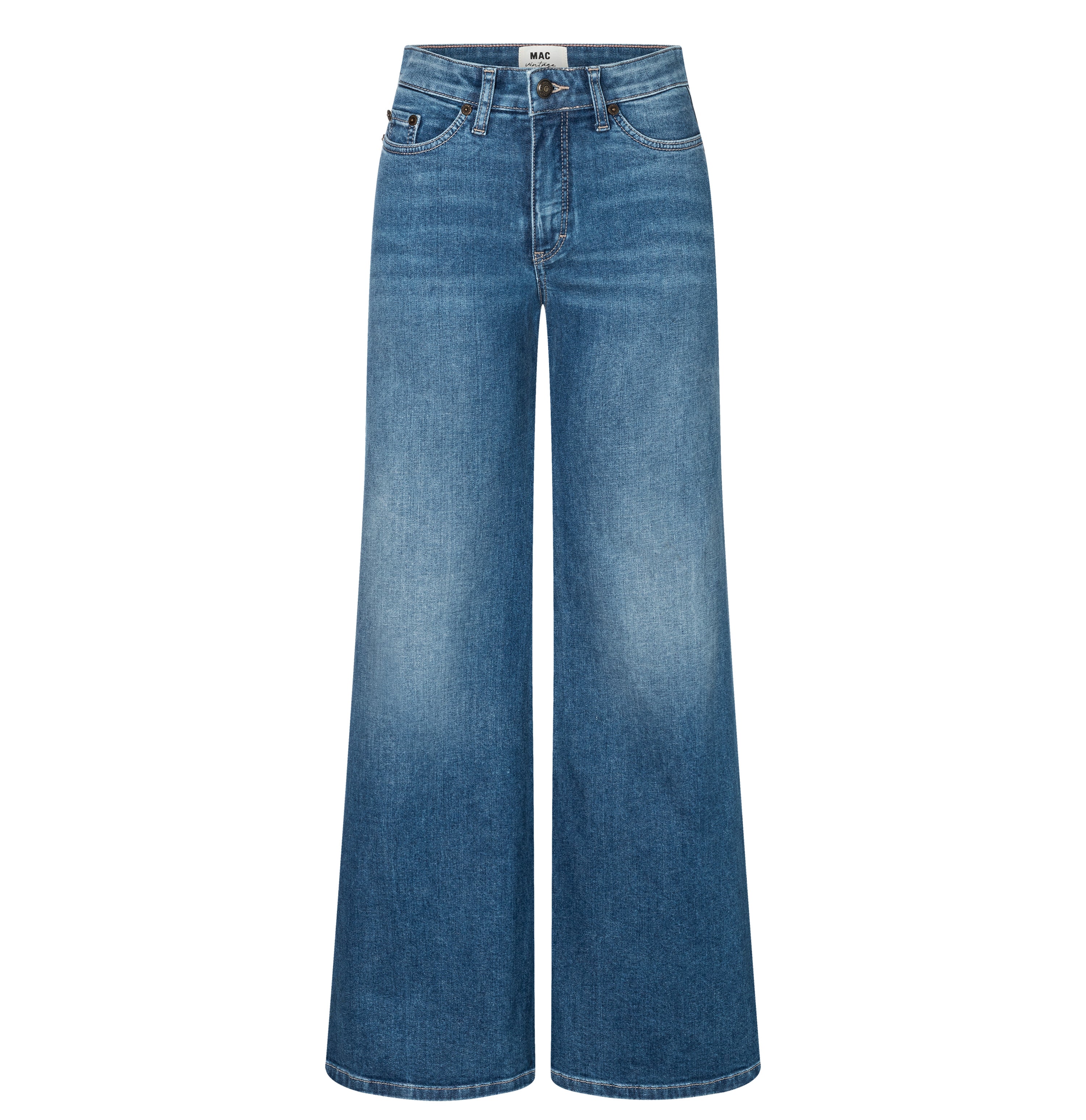 Wide flare jeans made of vintage denim. | WIDE flare | cosmic midblue used | Front view of bust