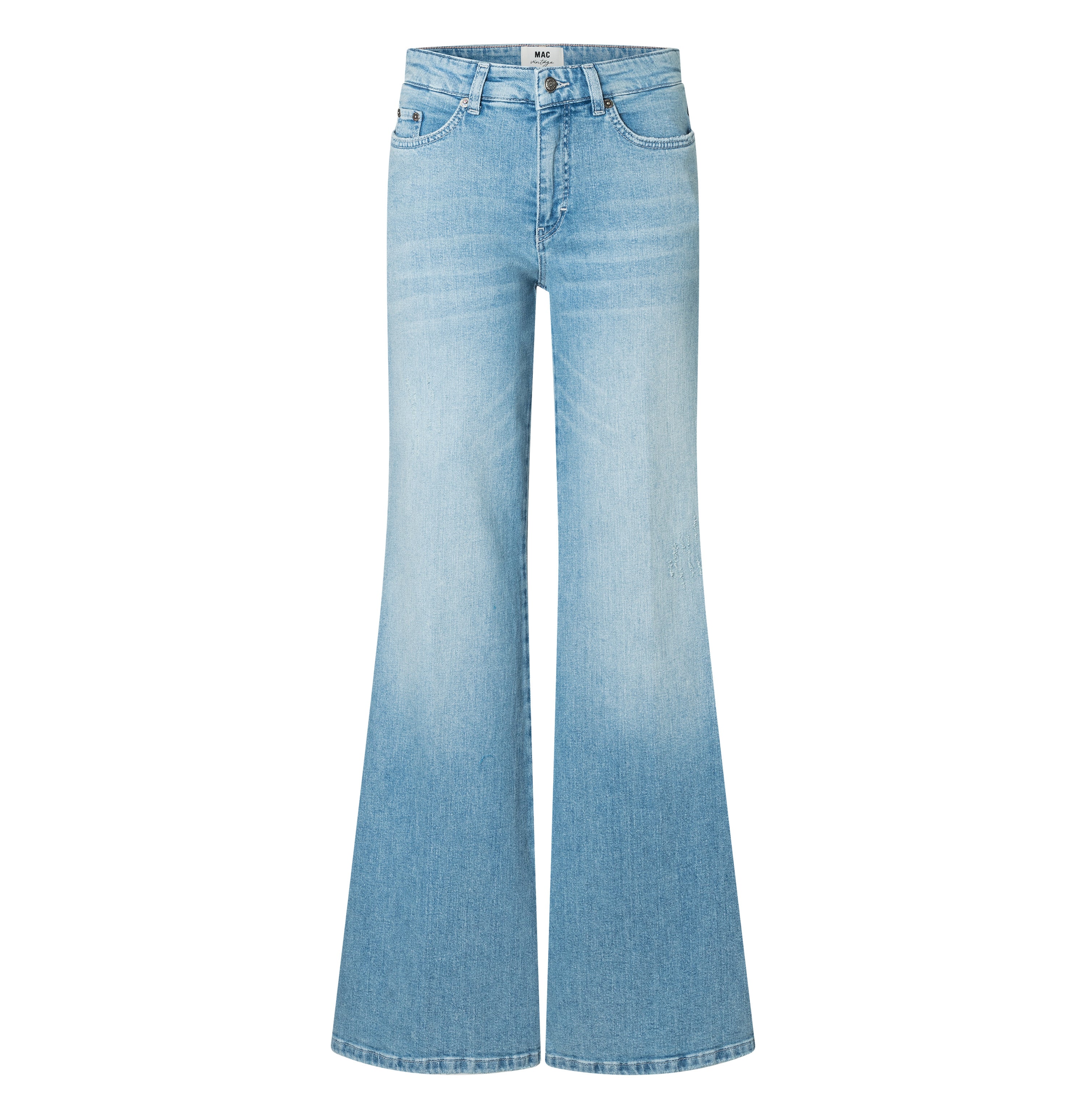 Wide flare jeans with pocket details. | WIDE patch pocket | super bright stoned wash | Front view of bust