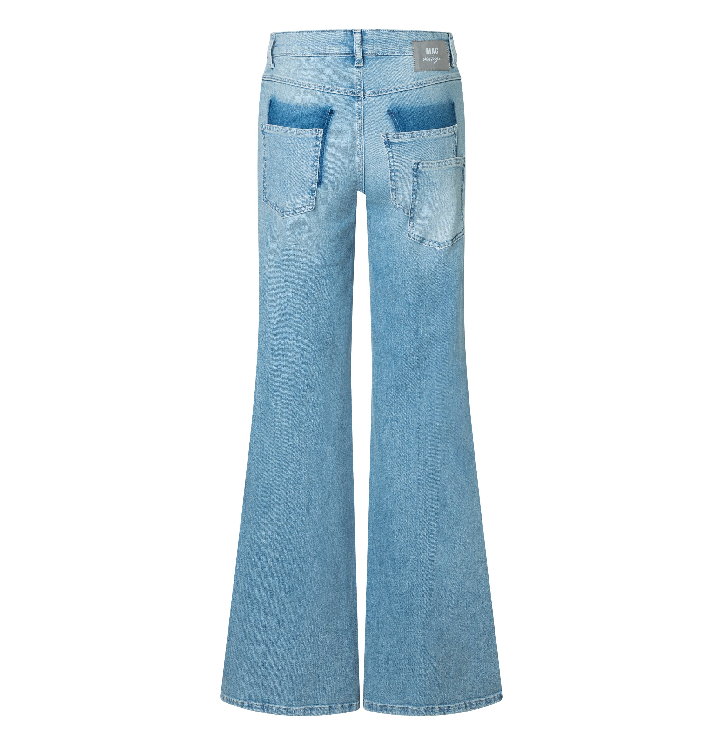 Wide flare jeans with pocket details. | WIDE patch pocket | super bright stoned wash | Back view of bust