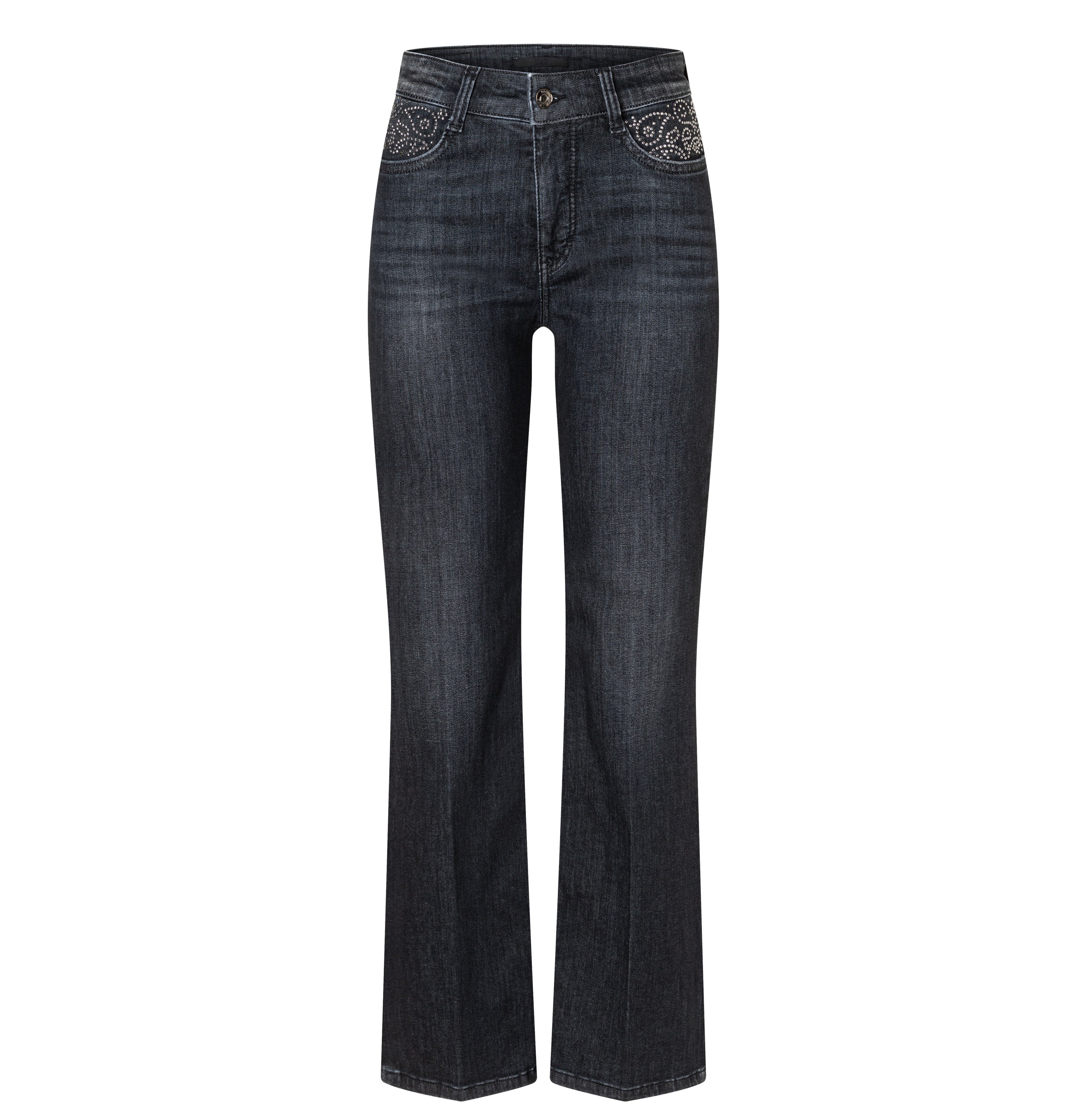 Flared jeans with rhinestone and rivet details. | LAURA paisley glam | commercial black wash | Front view of bust