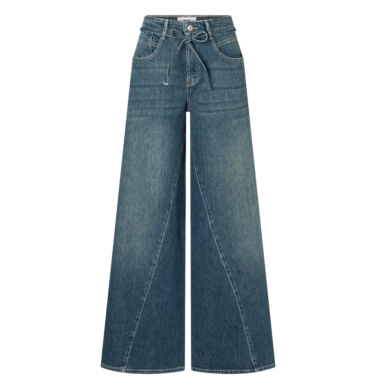 Wide fit with tie belt and seam details. | WIDE extreme | greenish blue | Front view of bust