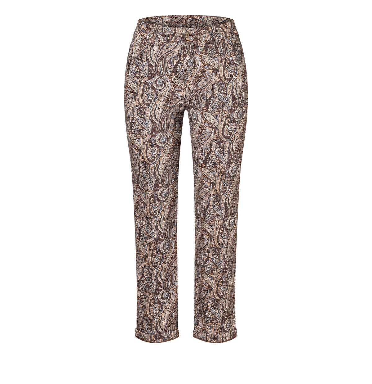 Cropped, straight jeans with paisley pattern. | DREAM cropped | bleached apricot printed | Front view of bust