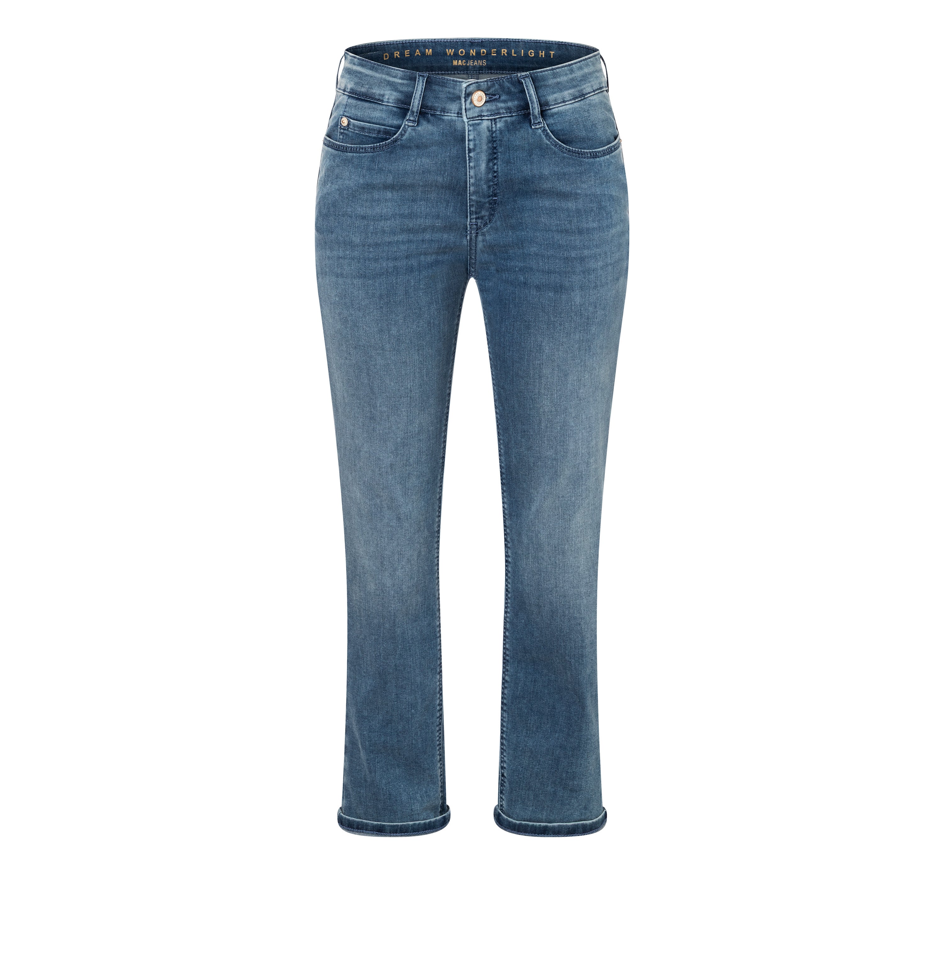 Figure-shaping, straight jeans with turn-up. | DREAM cropped | mid light blue wash | Front view of bust