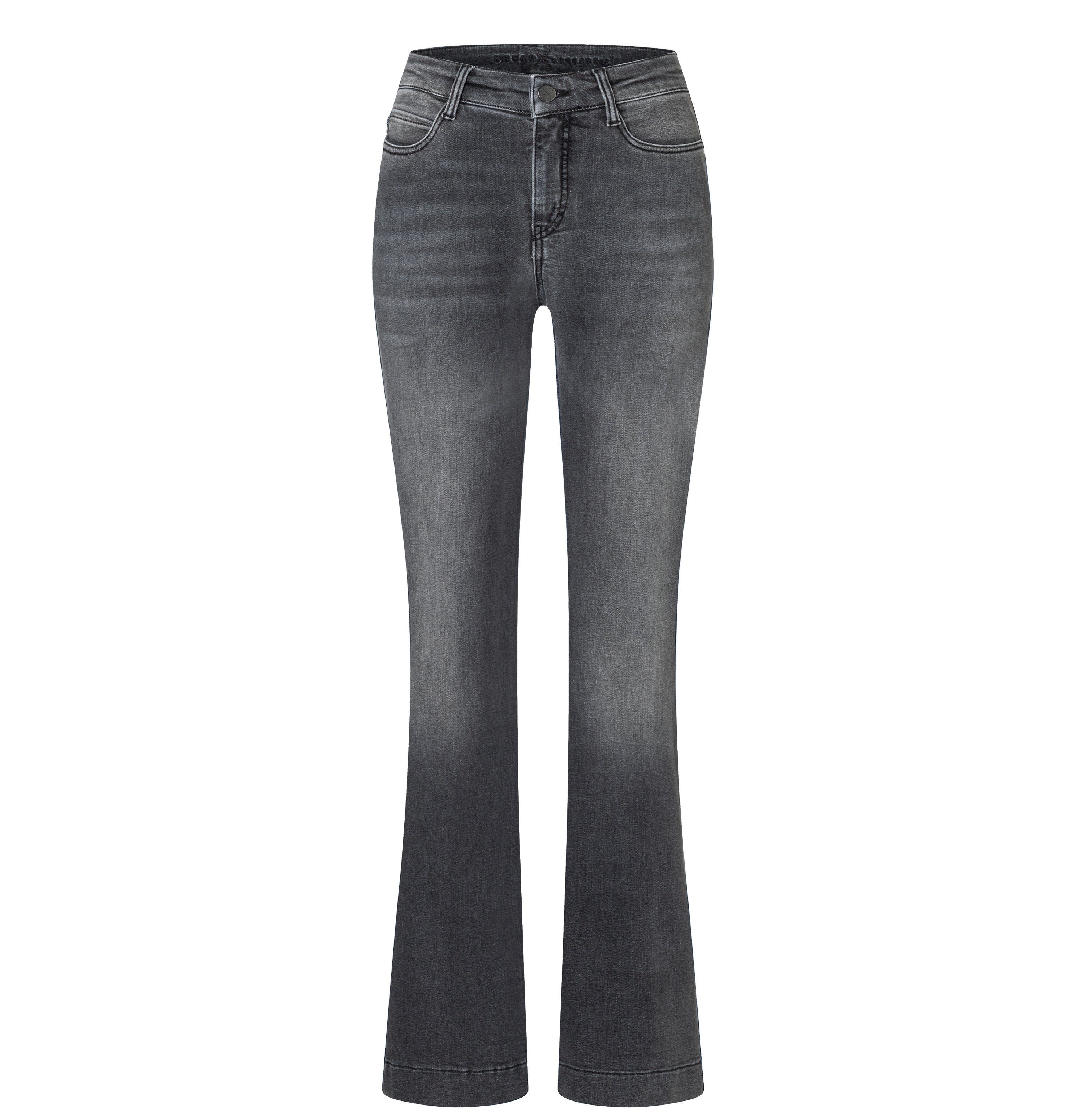 Flared jeans in a hyper stretch material. | DREAM BOOT authentic | soft grey authentic used | Front view of bust