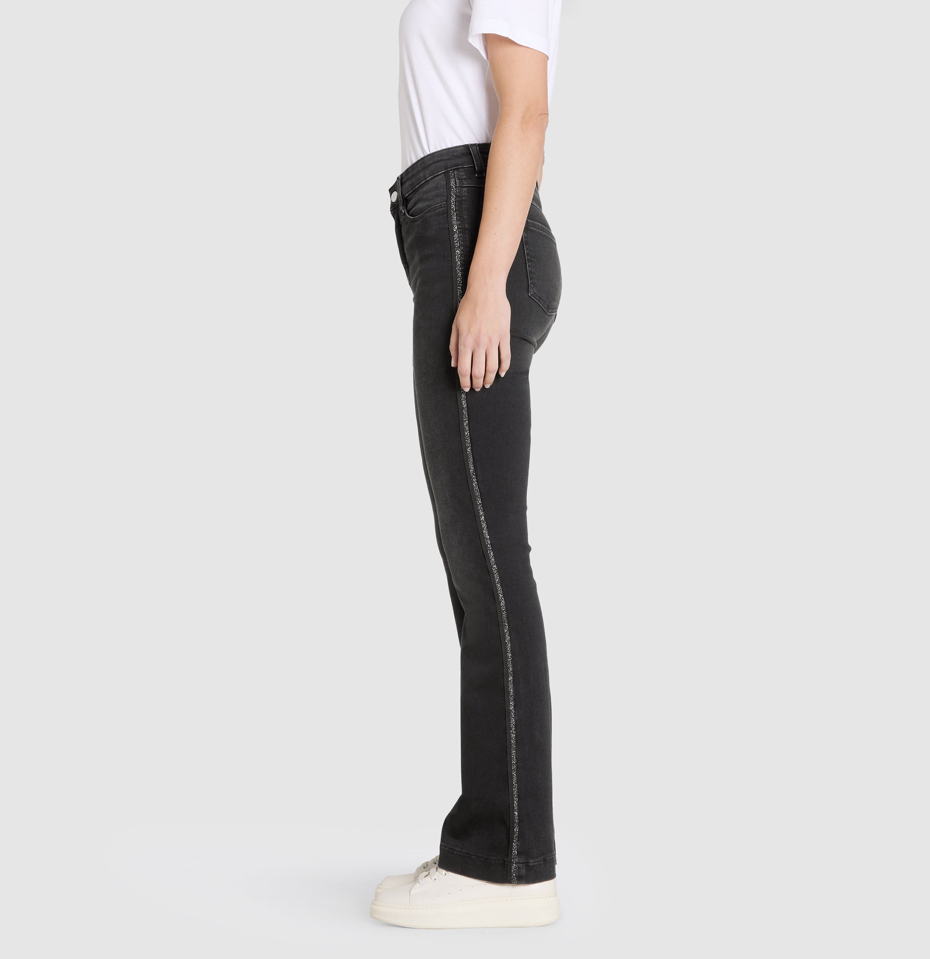 Boot cut jeans with glamorous galloons. | S-NAME | S-FBBZ | Side view of model