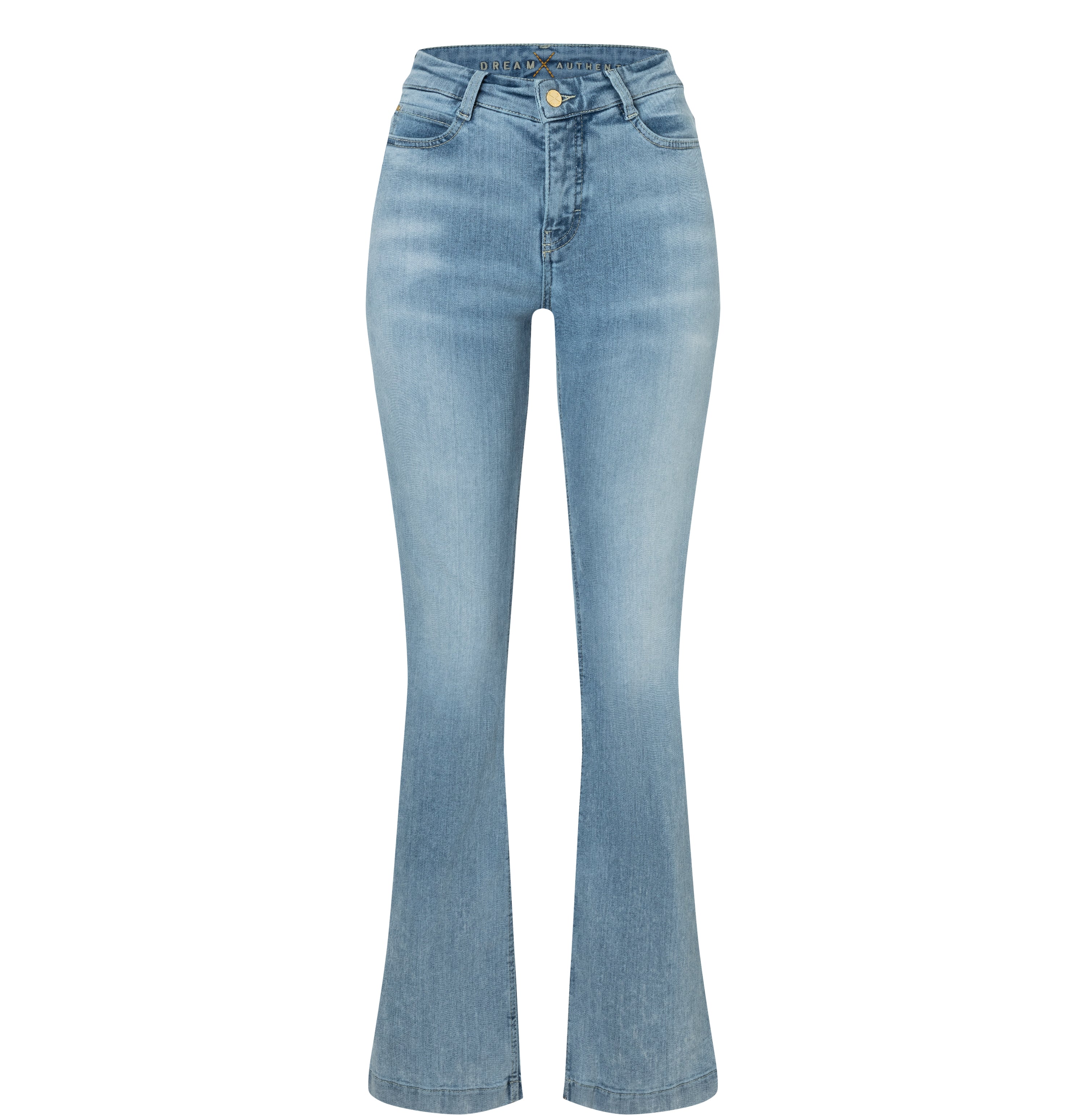 Boot cut jeans with shaping effect. | DREAM BOOT authentic | summer blue clouds wash | Front view of bust
