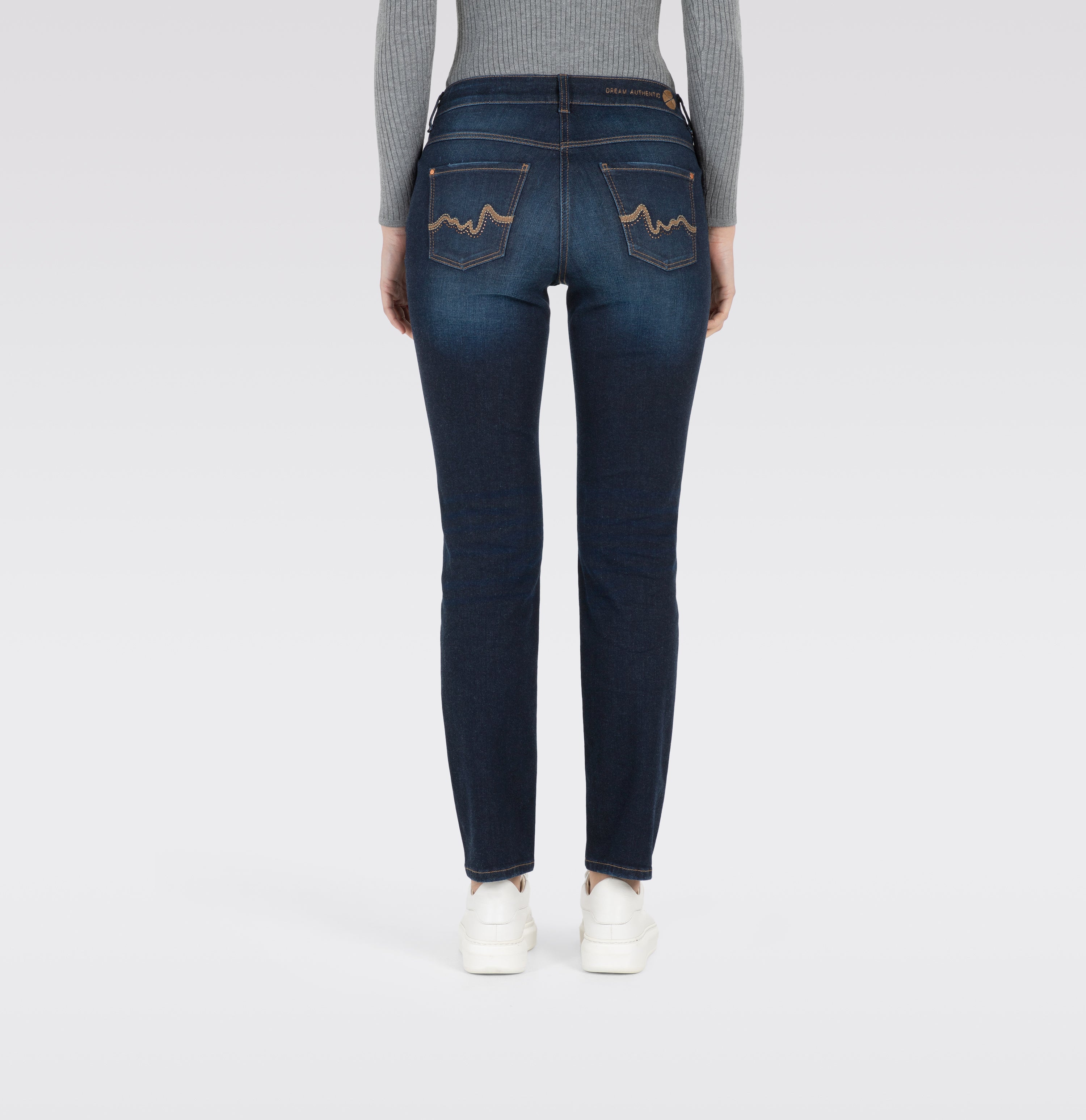 Straight fit with rhinestones and stitching. Figure-shaping. | DREAM auth.edgy glam | fancy used wash | Back view of model