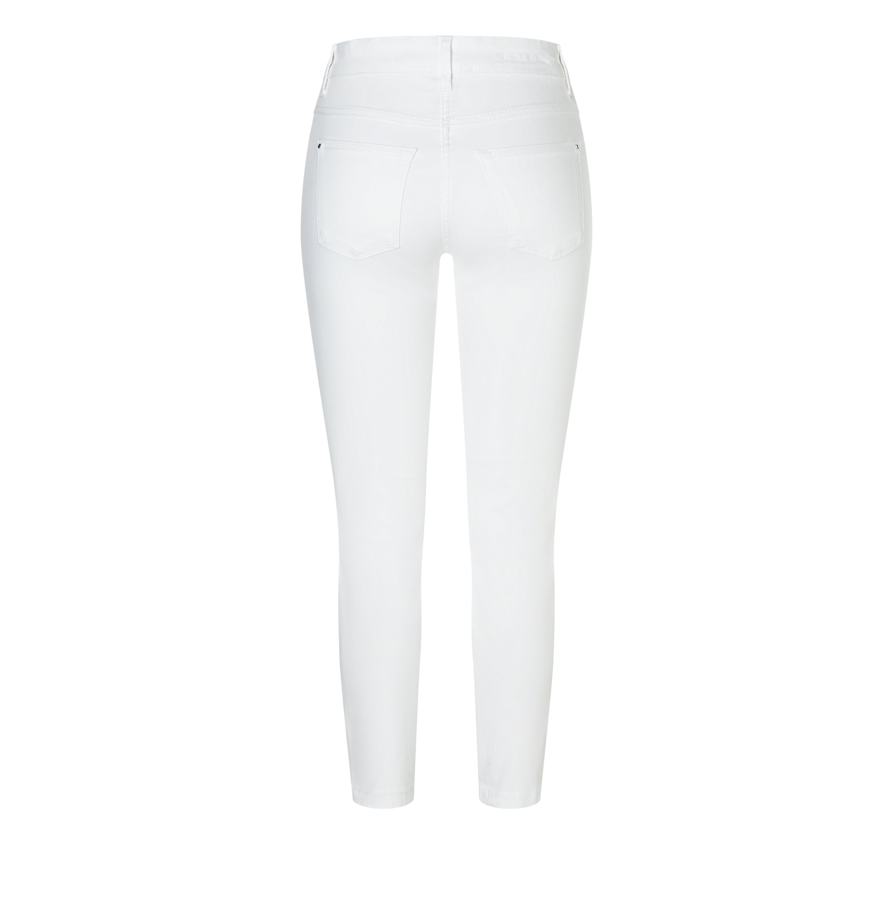 Cropped hyper stretch jeans with zip detail. | DREAM CHIC | white denim | Back view of bust
