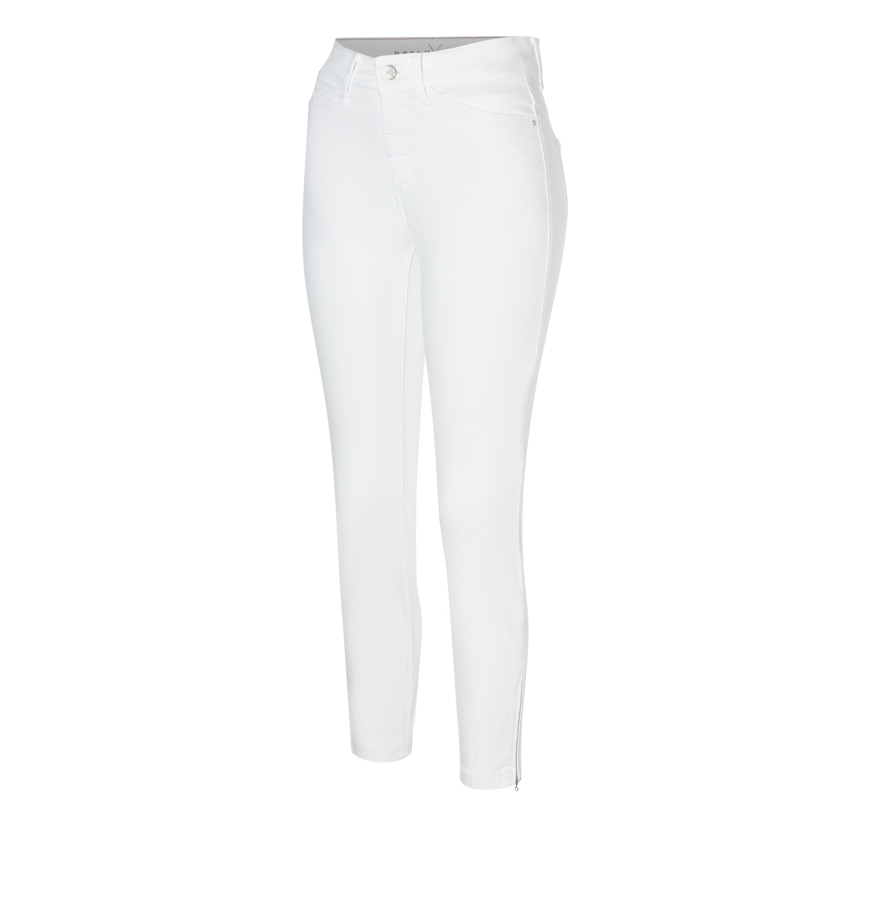 Cropped hyper stretch jeans with zip detail. | DREAM CHIC | white denim | Oblique view of bust