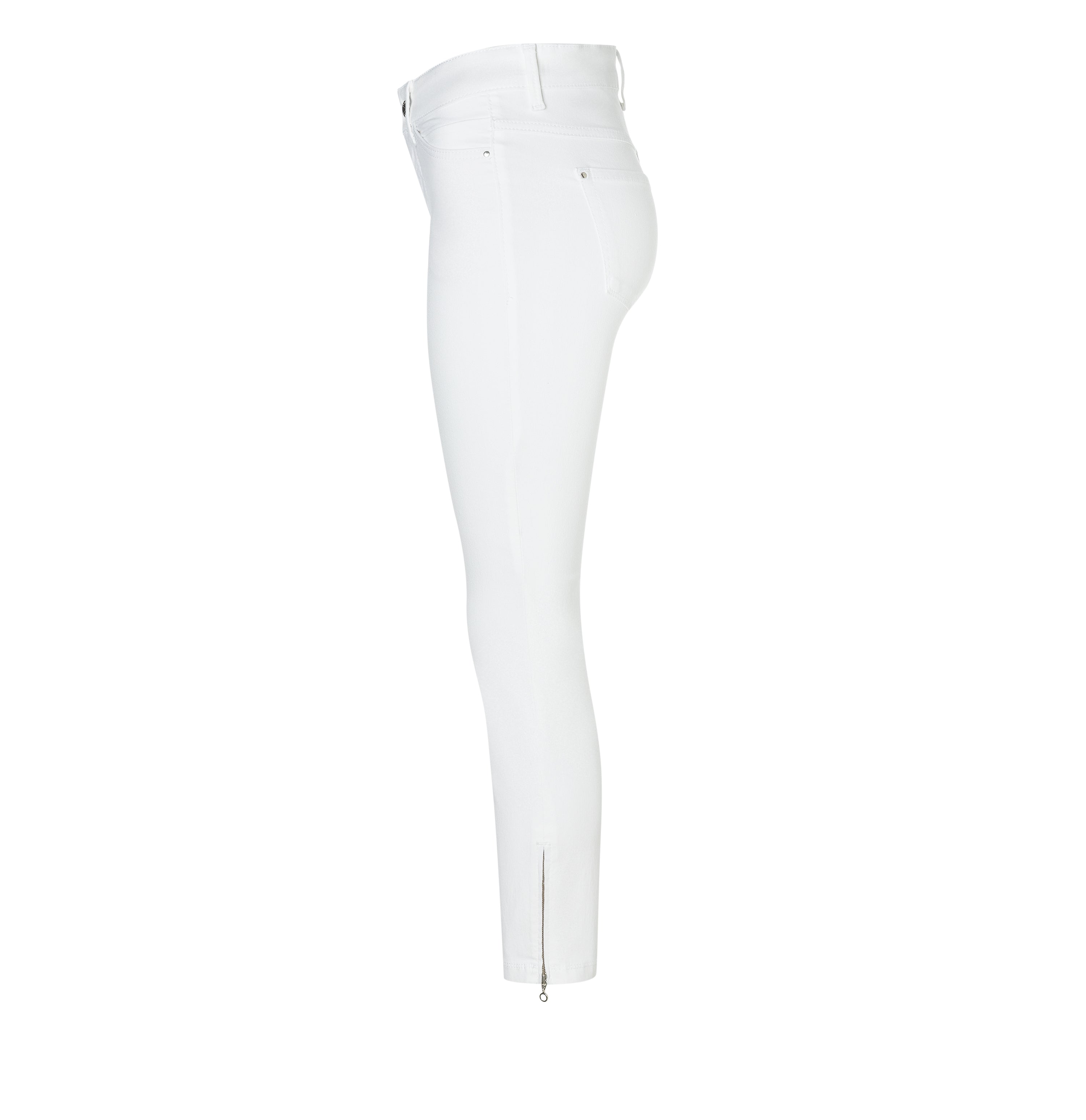 Cropped hyper stretch jeans with zip detail. | DREAM CHIC | white denim | Side view of bust