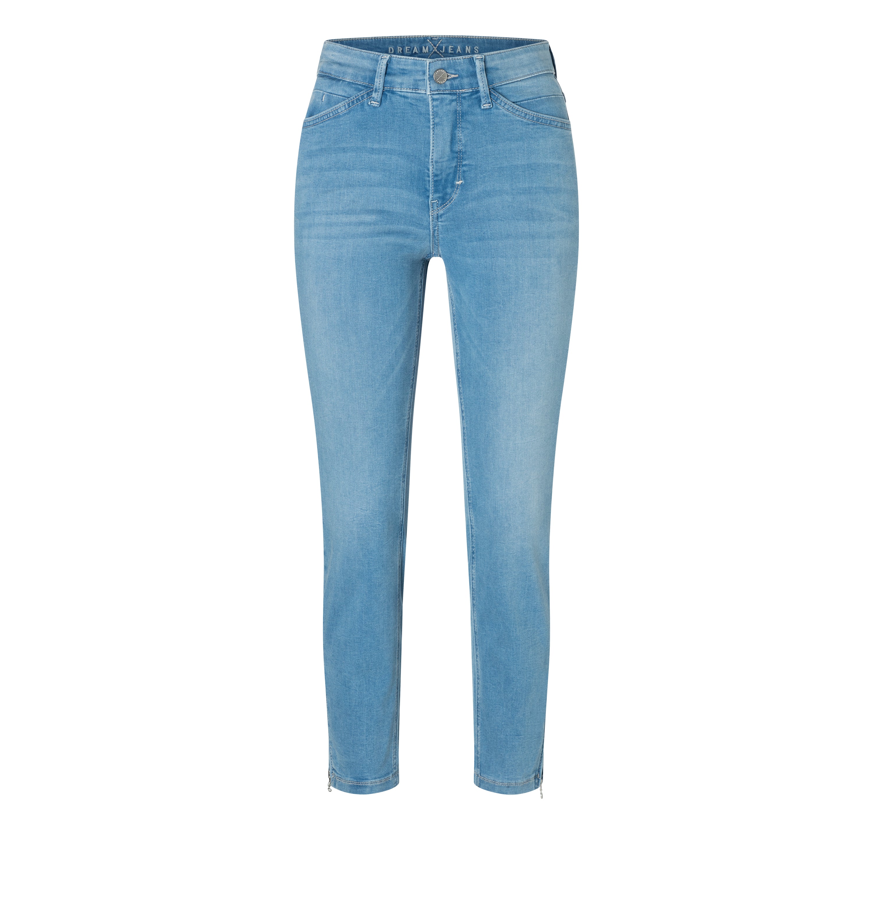 Cropped hyper stretch jeans with zip detail. | DREAM CHIC | classy grey blue wash | Front view of bust