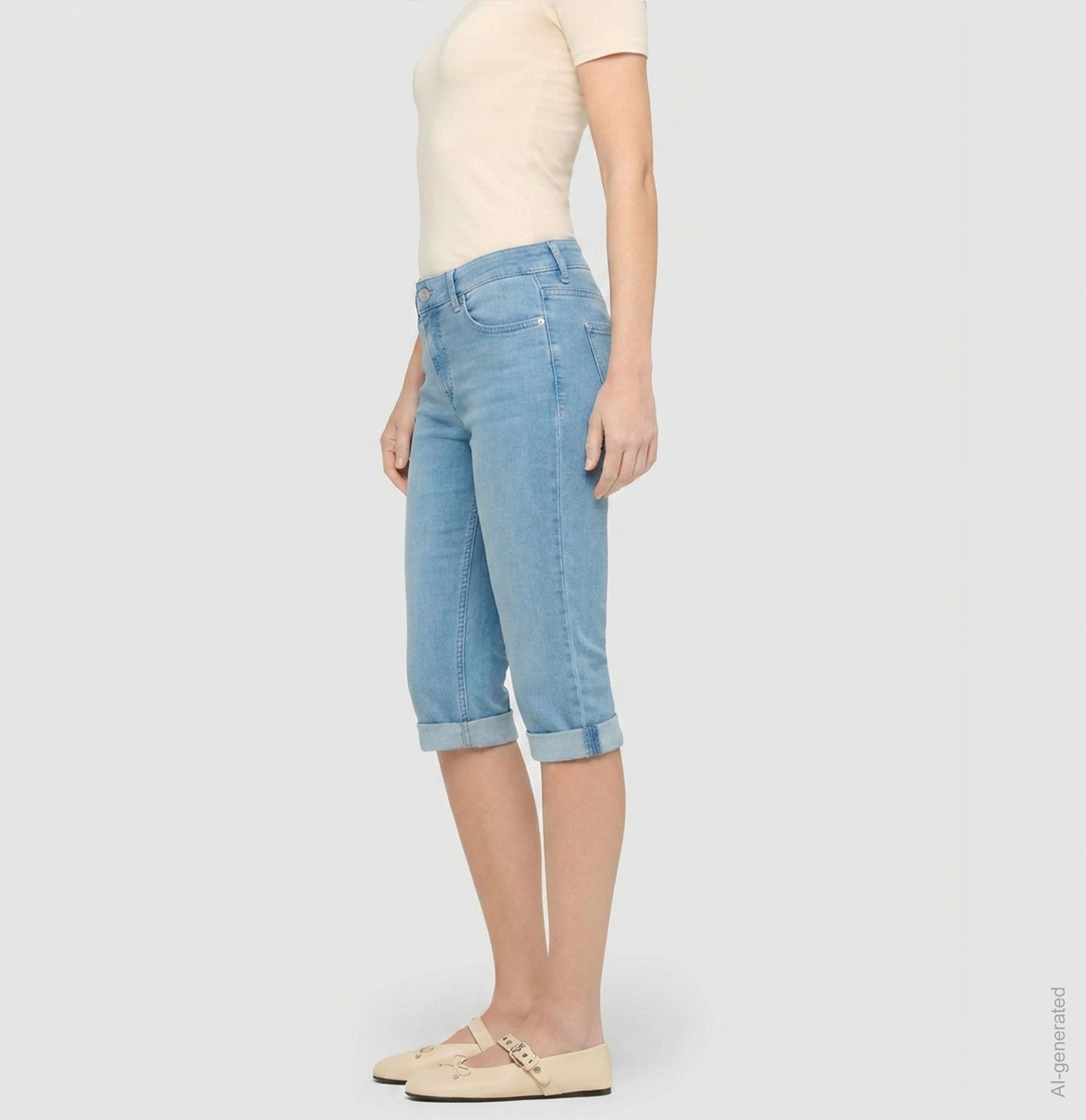 Light capri jeans with shaping effect. | DREAM SUN | summer sky wash | Front view of model