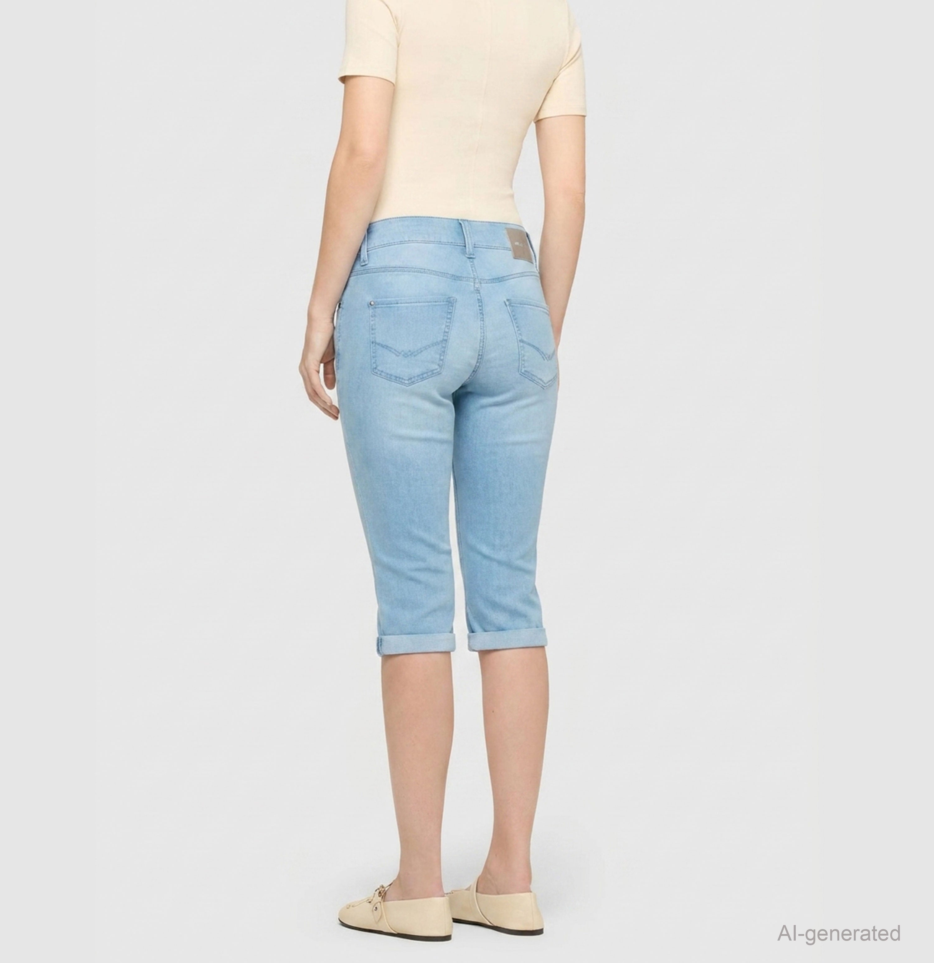 Light capri jeans with shaping effect. | DREAM SUN | summer sky wash | Back view of model
