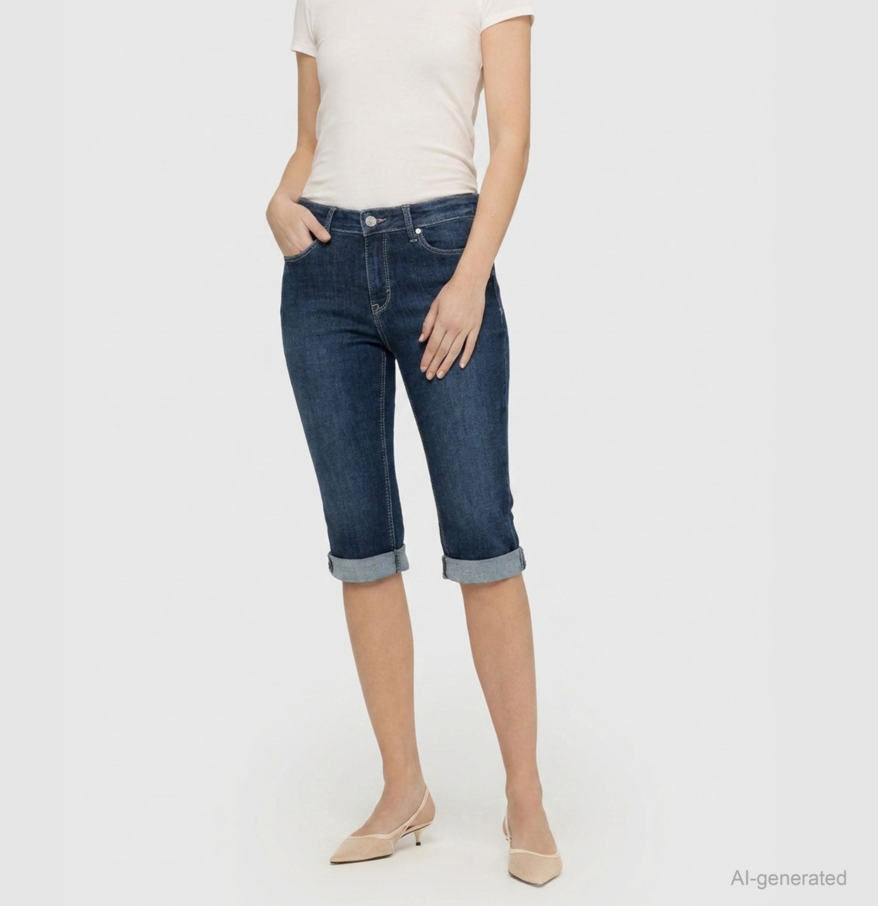 Light capri jeans with shaping effect. | DREAM SUN | dark blue basic used | Front view of model