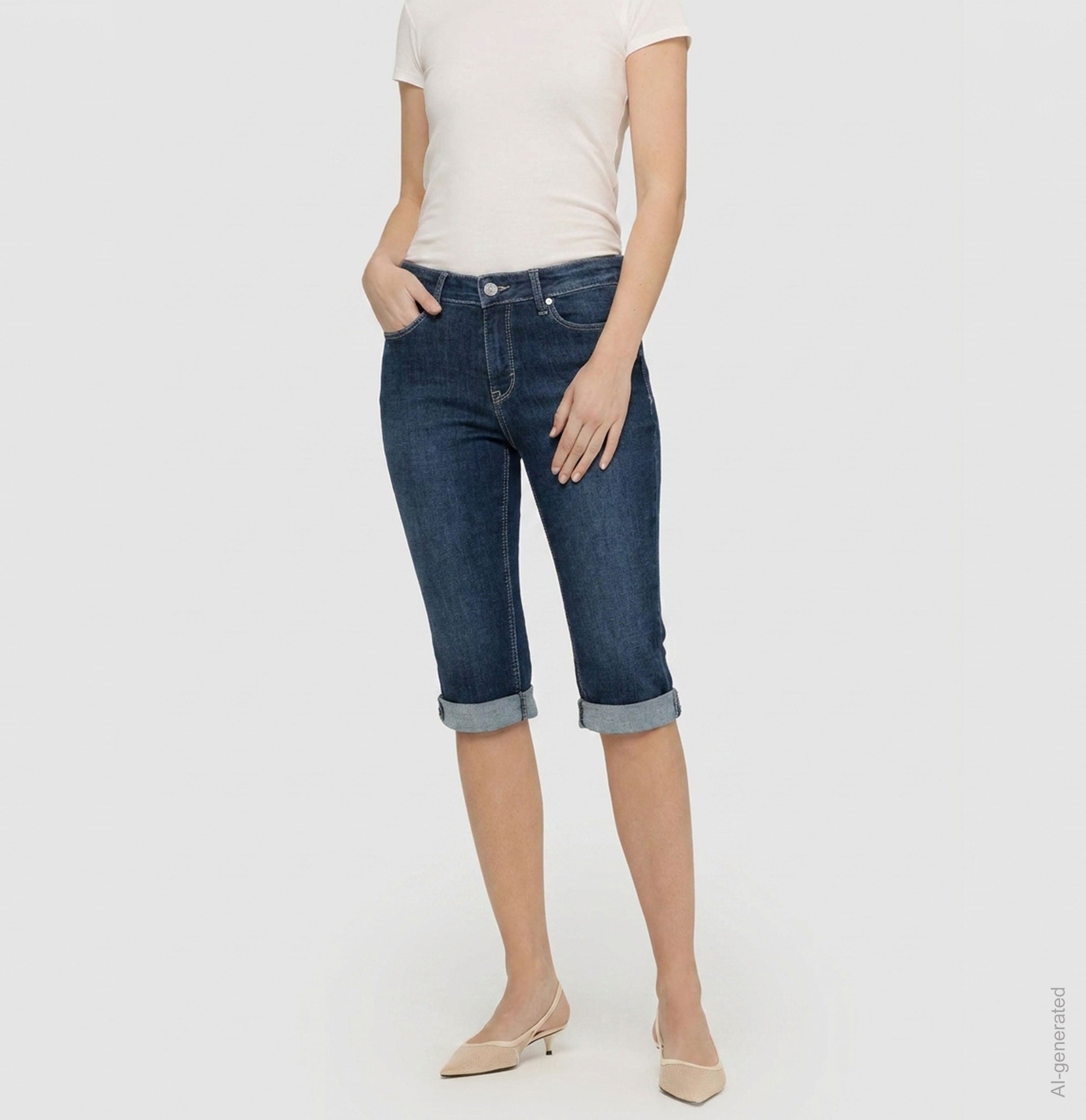 Light capri jeans with shaping effect. | DREAM SUN | dark blue basic used | Front view of model