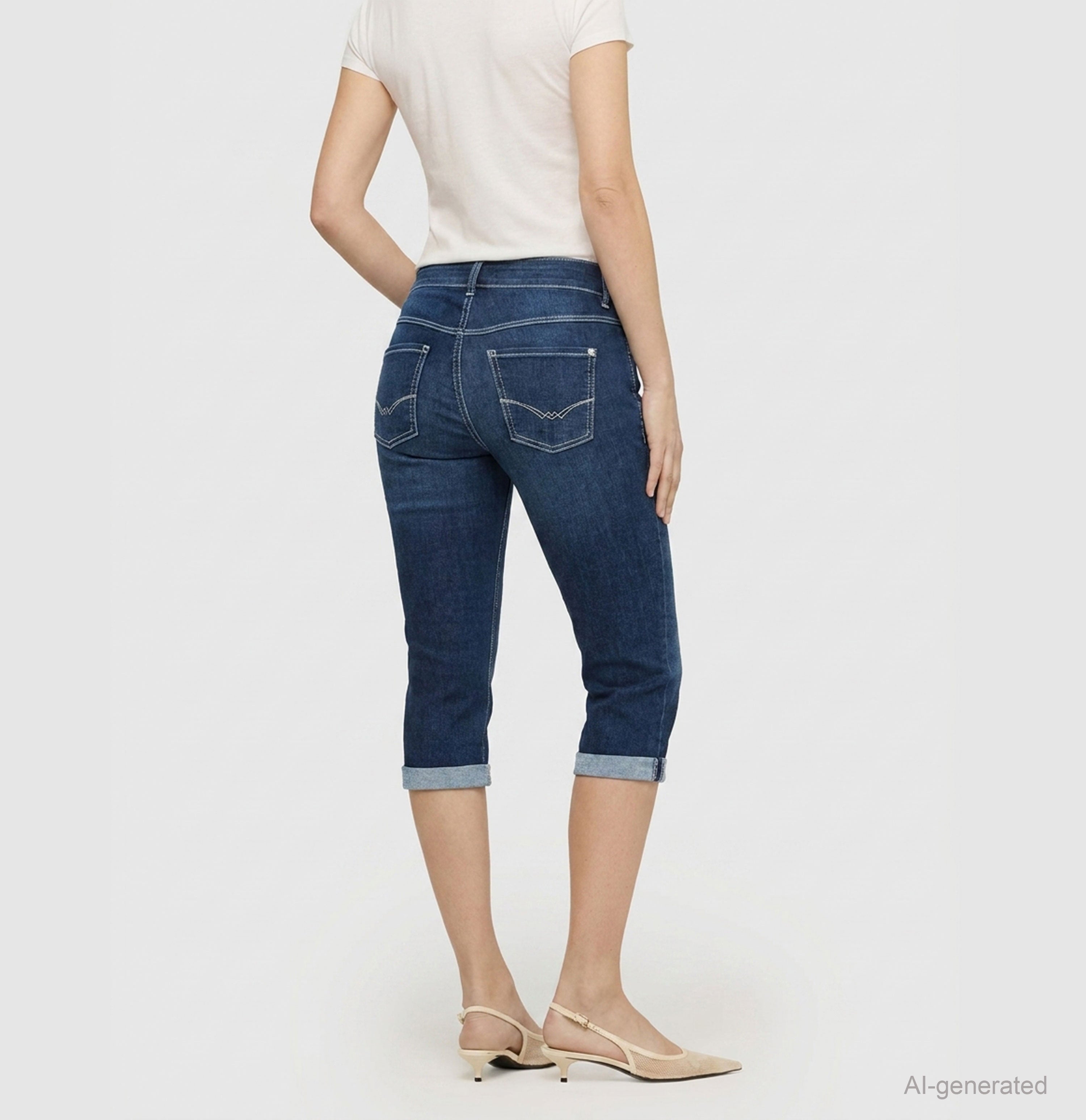Light capri jeans with shaping effect. | DREAM SUN | dark blue basic used | Back view of model