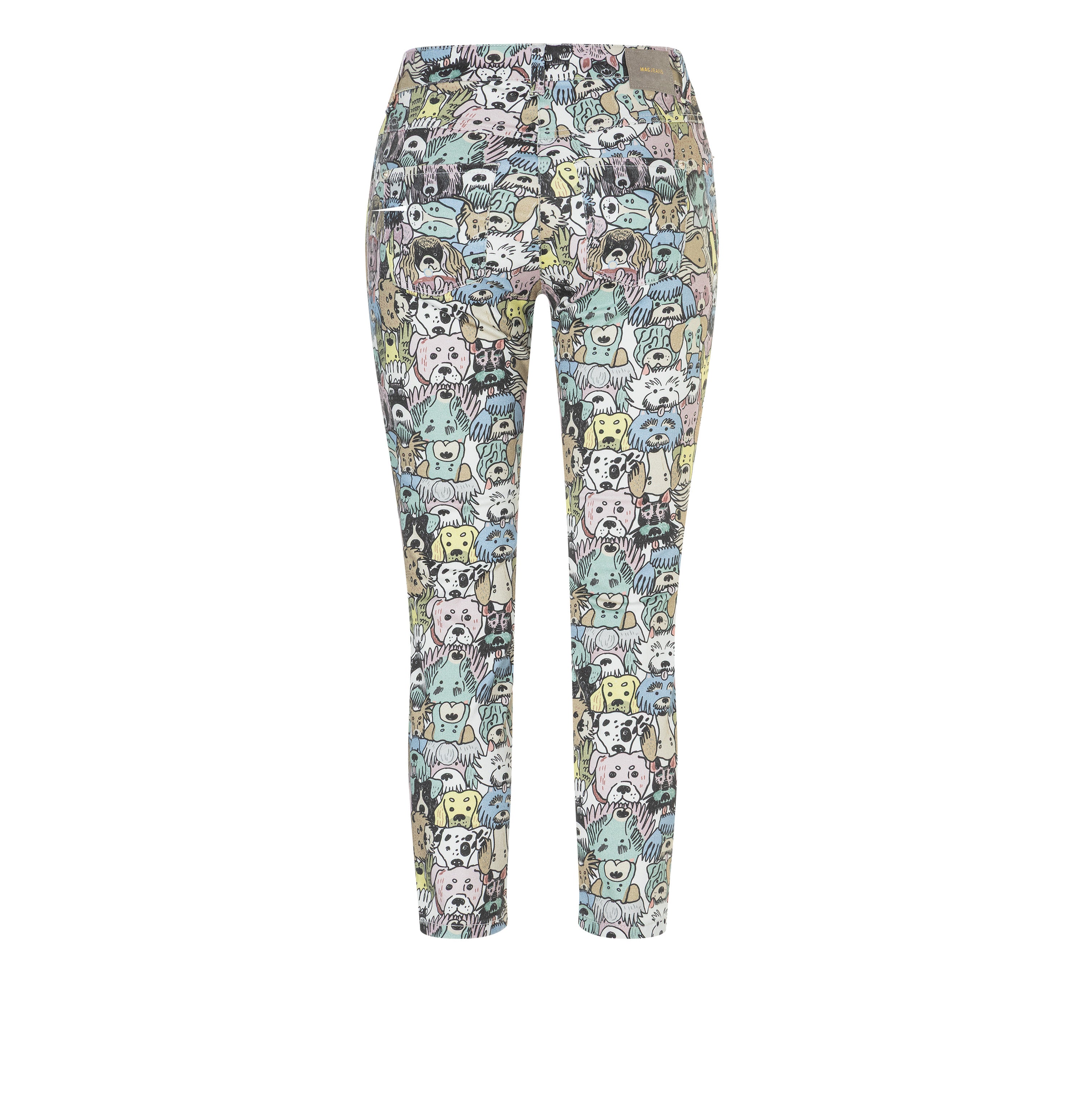 Slim shaping jeans with a modern pattern. | DREAM SUMMER | colored dog print | Back view of bust