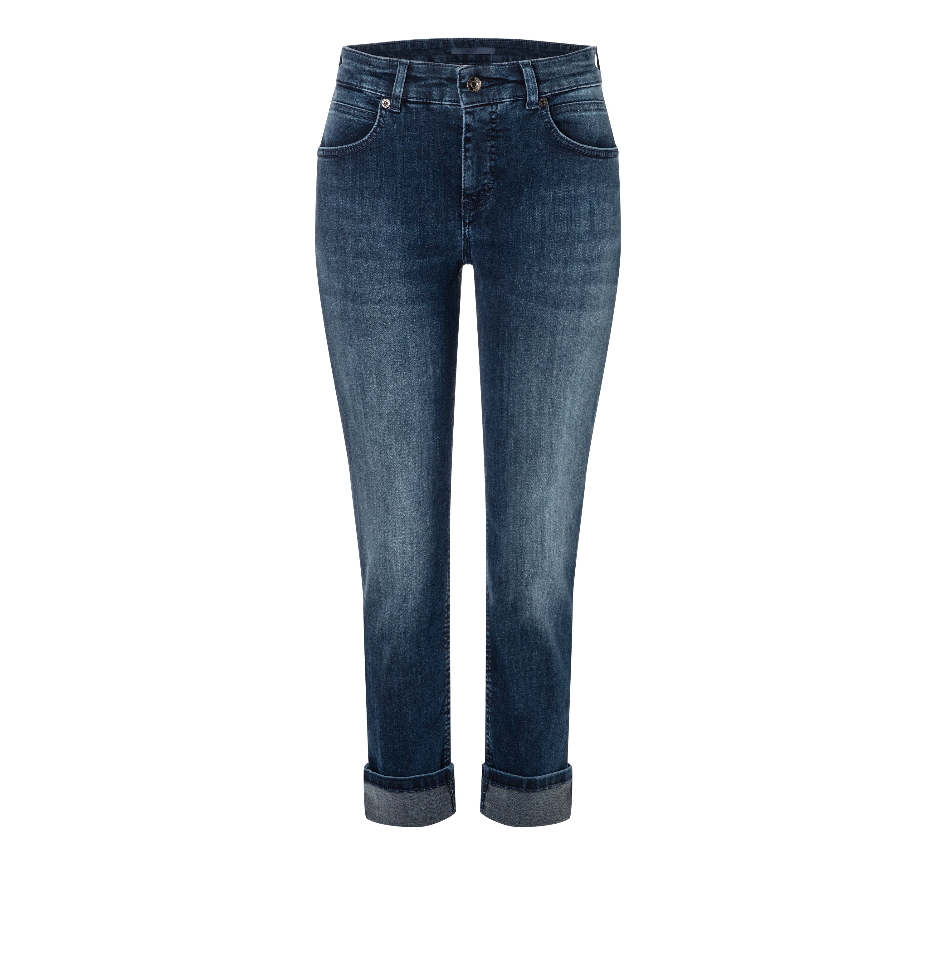 Straight jeans with turned-up hem. | SUE relax | blue midnight wash | Front view of bust