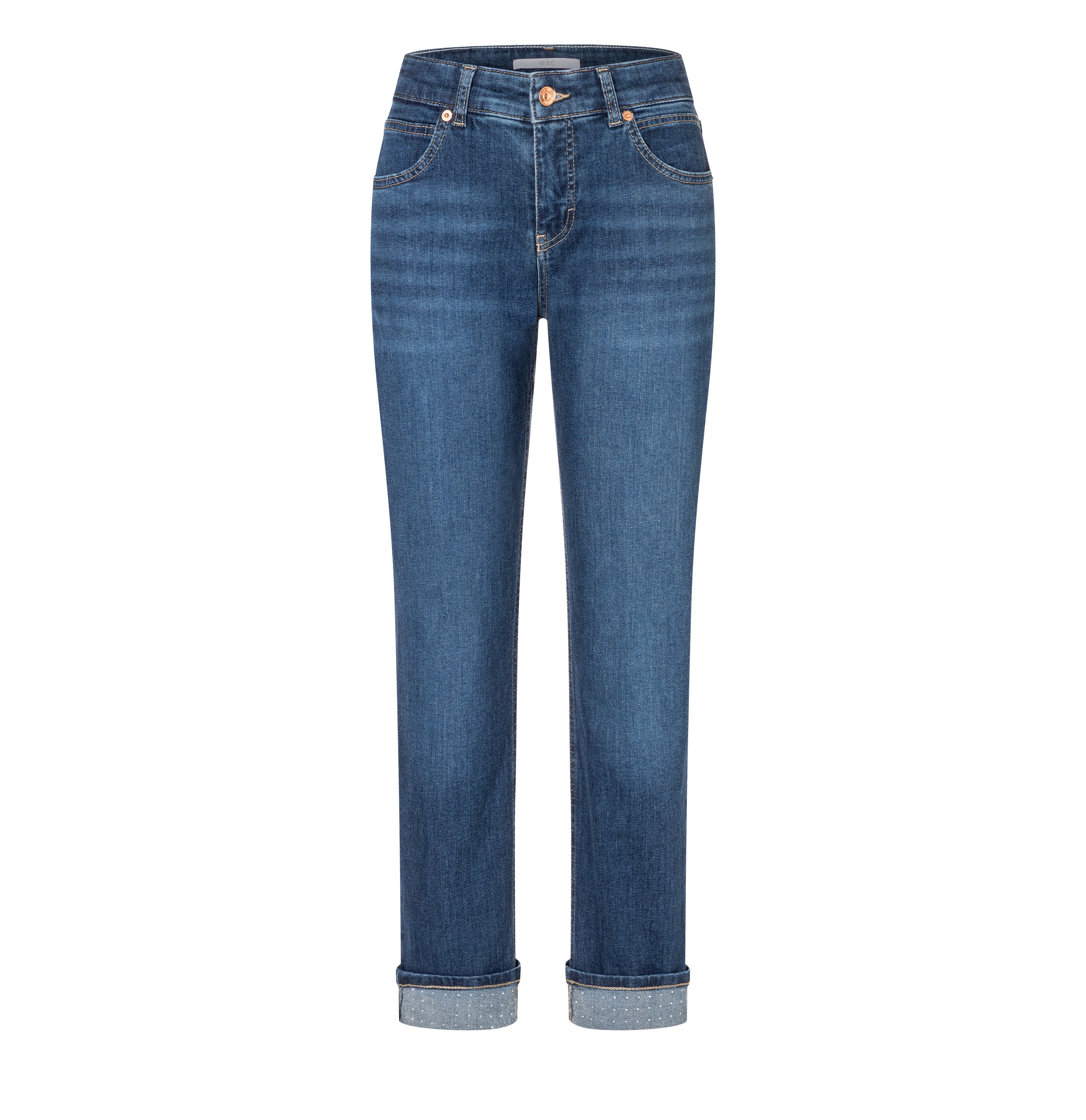 Straight jeans with turned-up hem. | SUE sparkle | indigo blue washed | Front view of bust