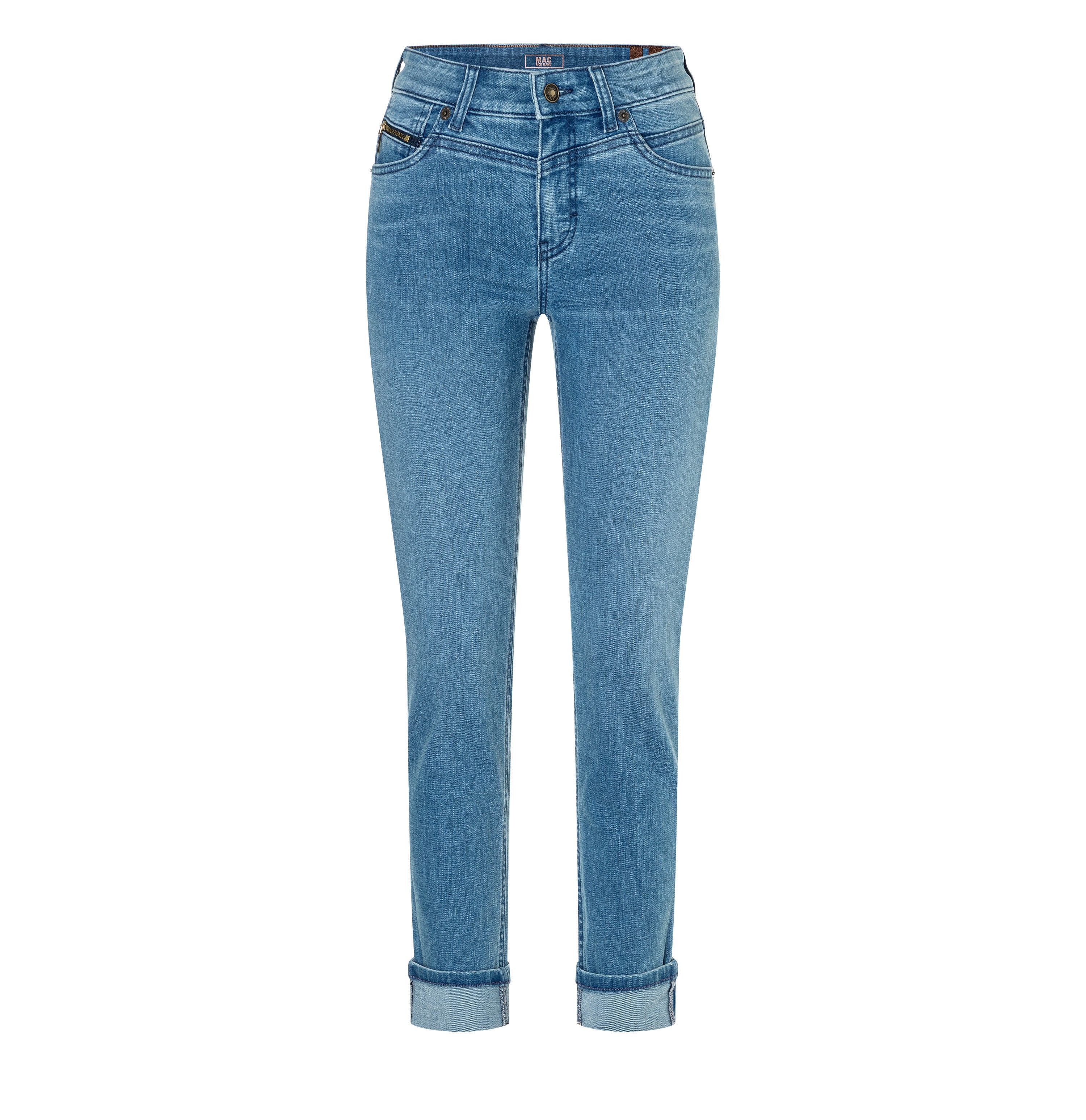 Slim jeans in a light cotton-modal blend. | RICH SLIM | authentic cobalt used | Front view of bust