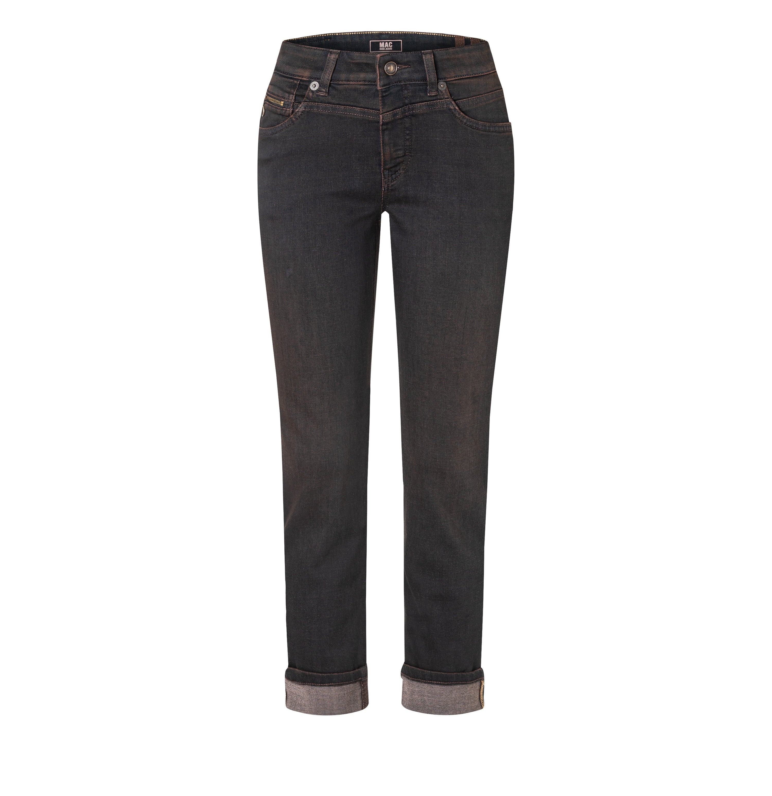 Slim jeans in a light cotton-modal blend. | RICH SLIM | soft black brown used | Front view of bust