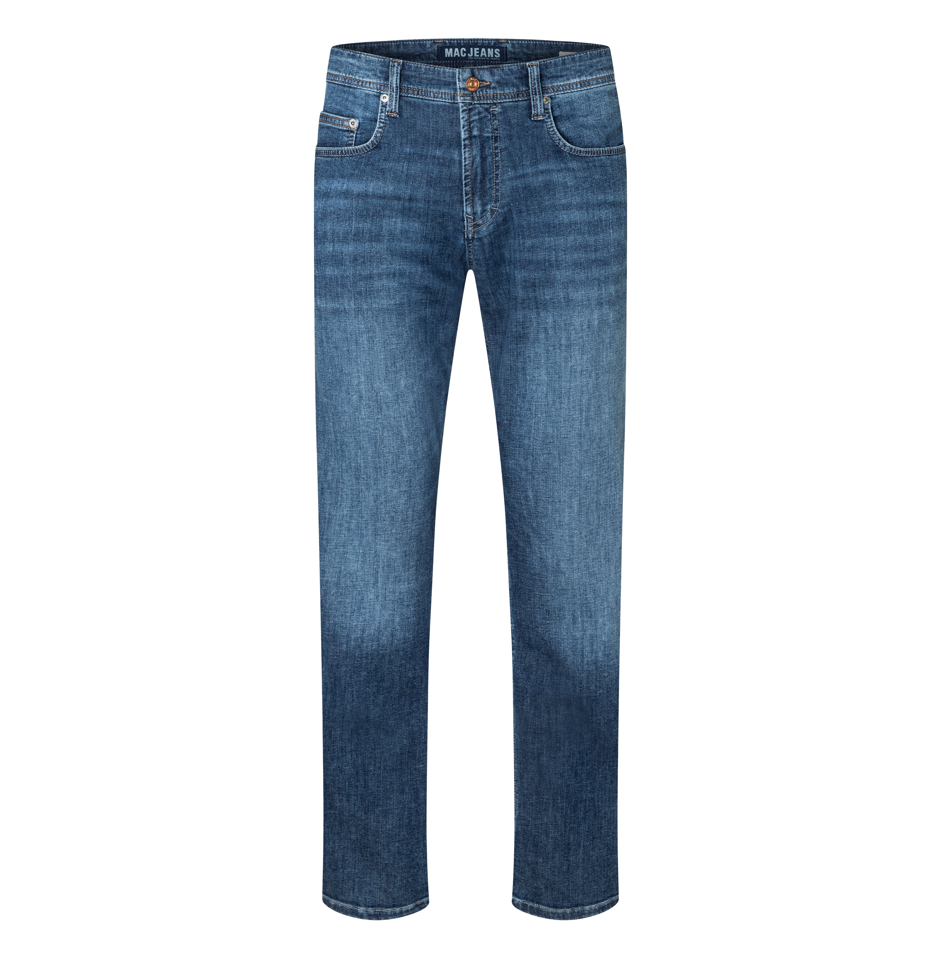 Regular jeans with linen content. | Ben | authentic dark blue used | Front view of bust