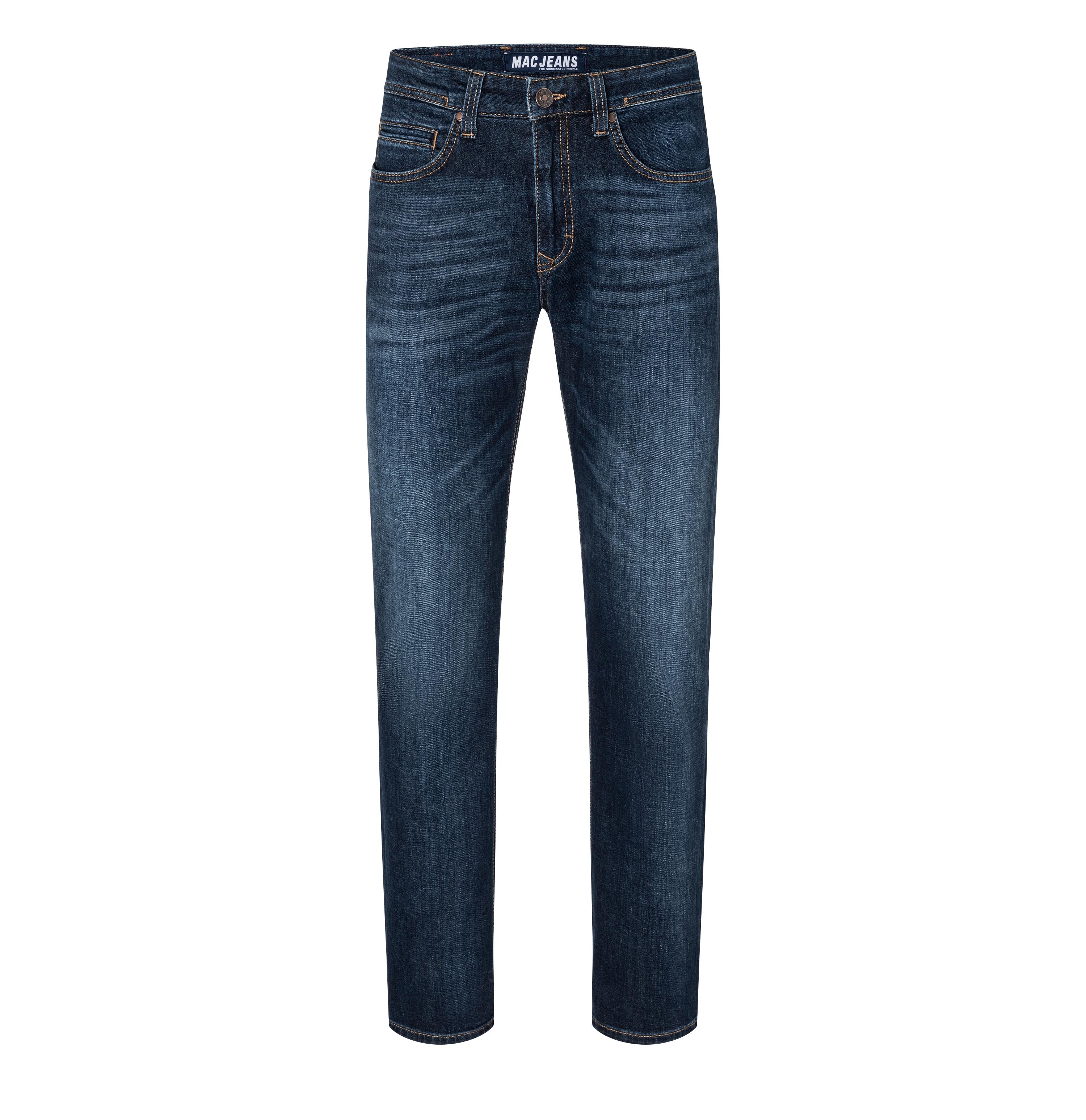 Light, modern fit in a sporty, grainy wash. | Arne | dark vintage blue | Front view of bust