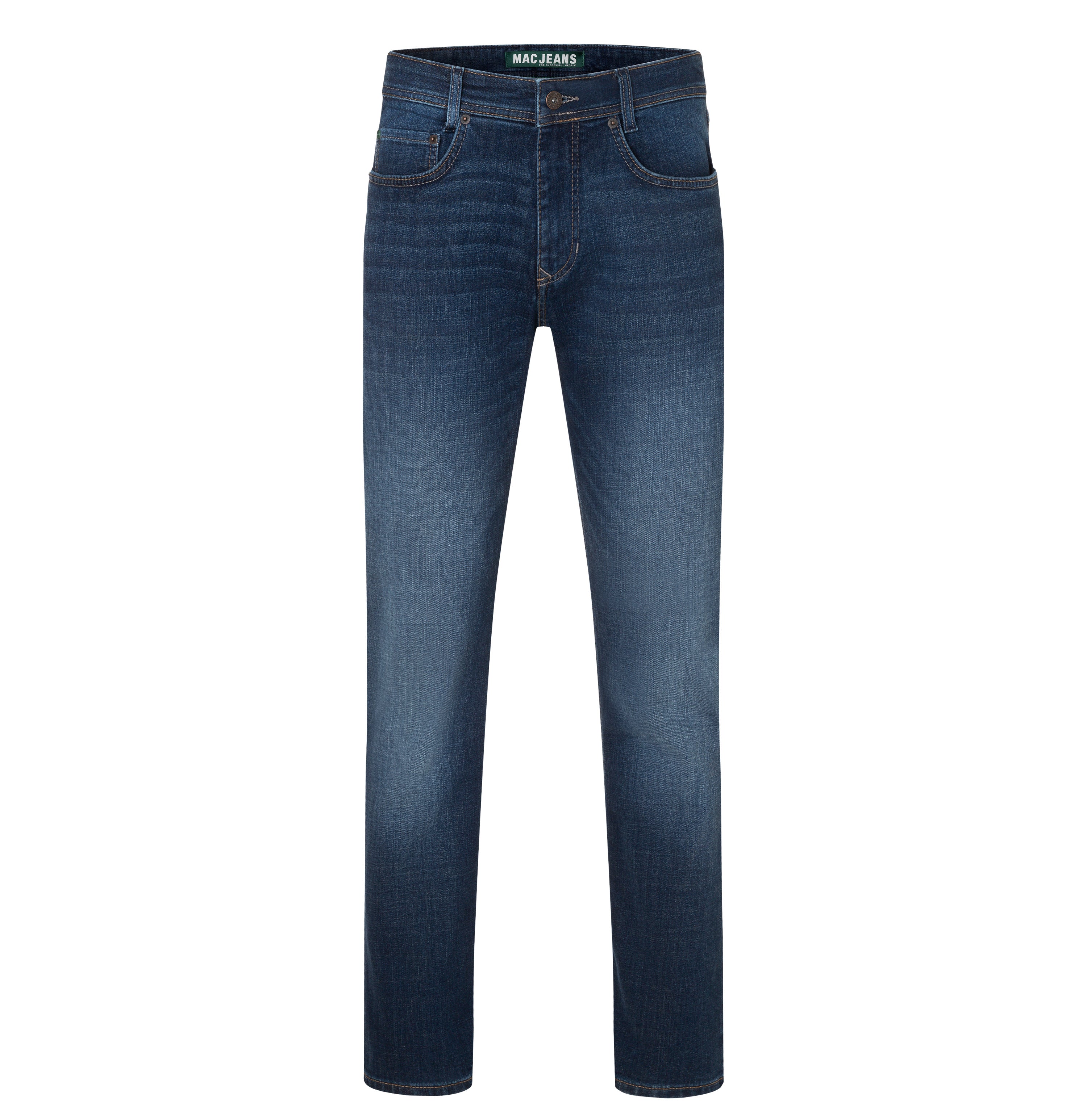 Slim jeans made of recycled denim. | Arne | dark vintage blue | Front view of bust