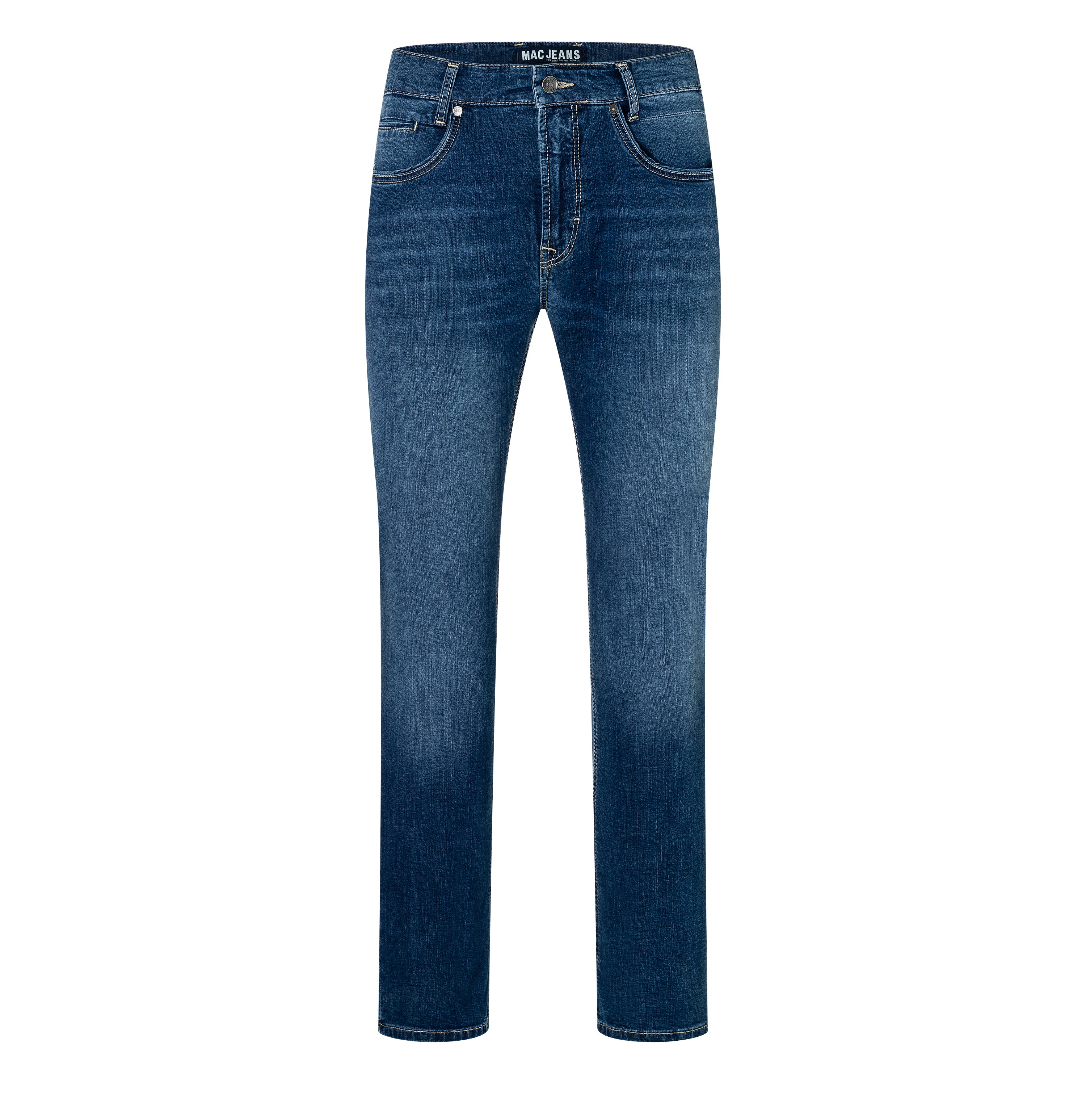 Modern fit made of summery lightweight denim. | Arne Pipe | mid blue authentic used | Front view of bust