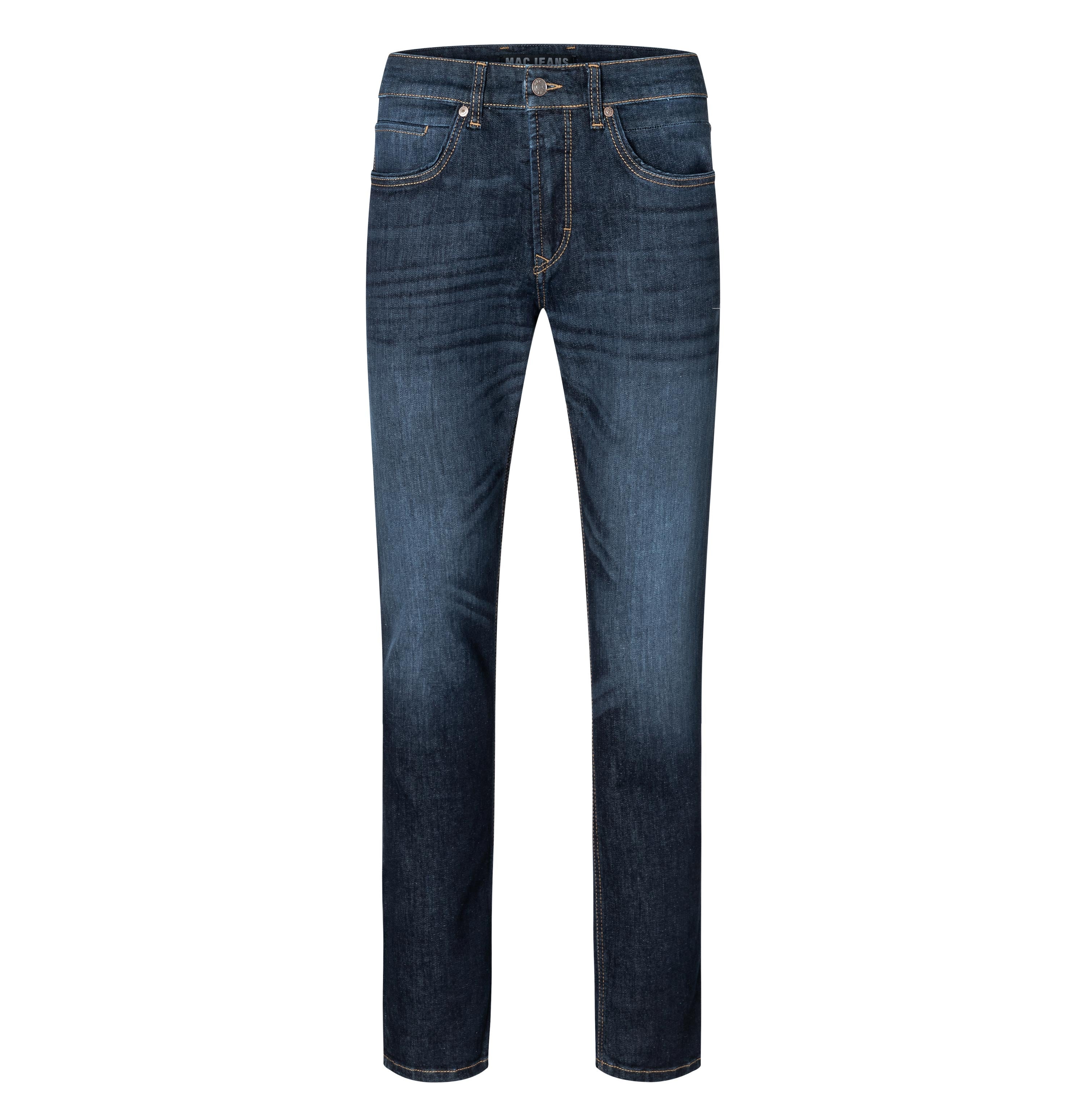 Very comfortable driver jeans in a vintage look. | Arne Pipe | dark blue authentic used 3d baffies | Front view of bust