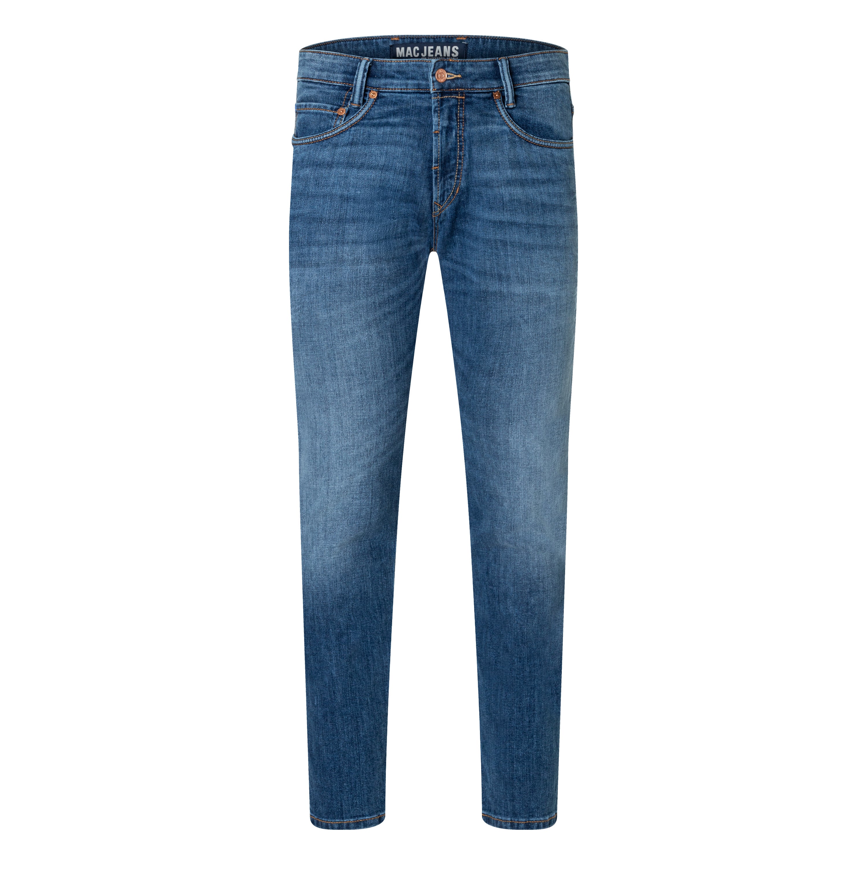 Slim jeans in a cotton-hemp blend. | Arne Pipe | hemp midblue authentic | Front view of bust