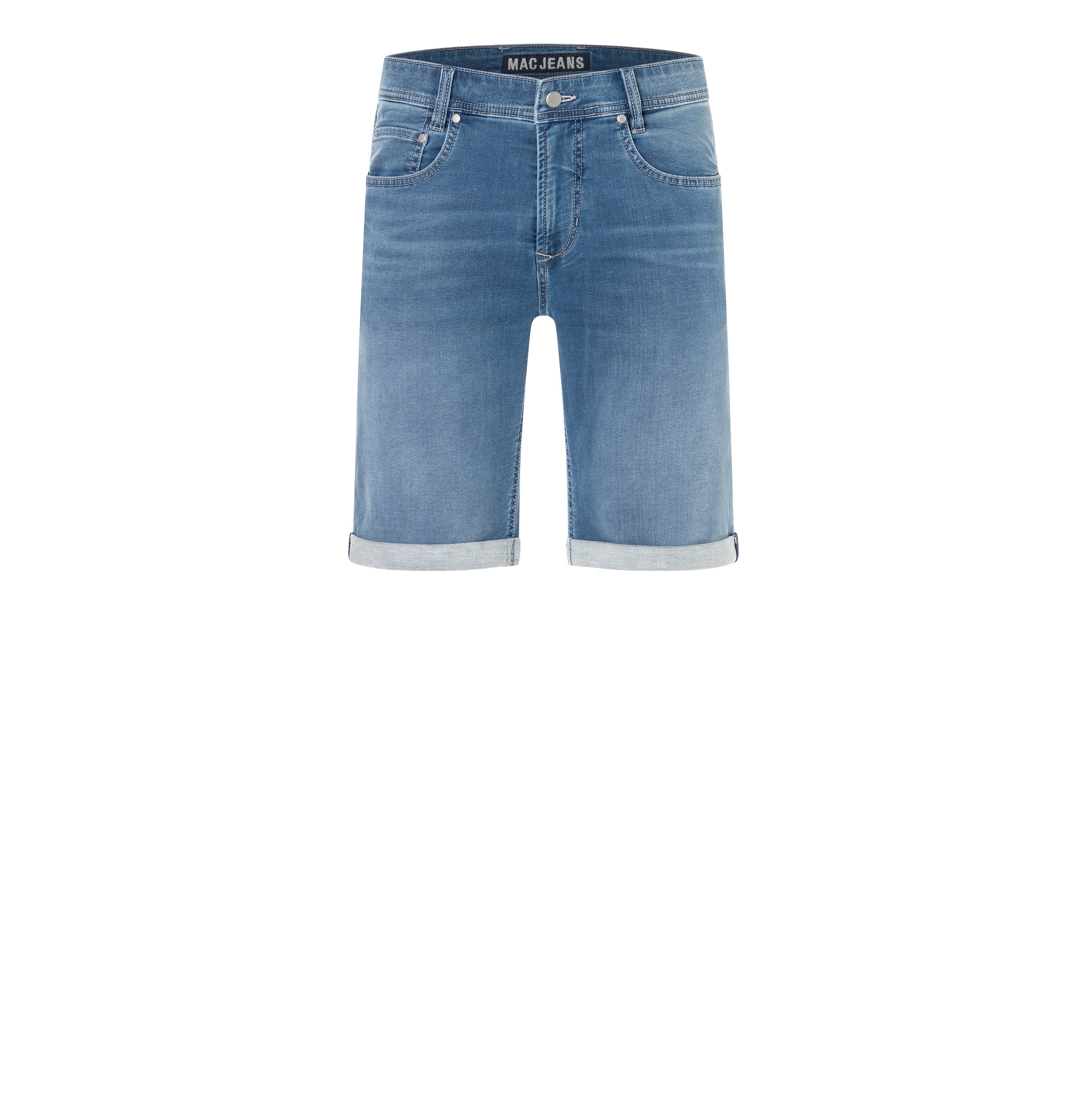Bermuda made of dimensionally stable sweat denim. | Jogn Bermuda | summer blue used authentic wash | Front view of bust