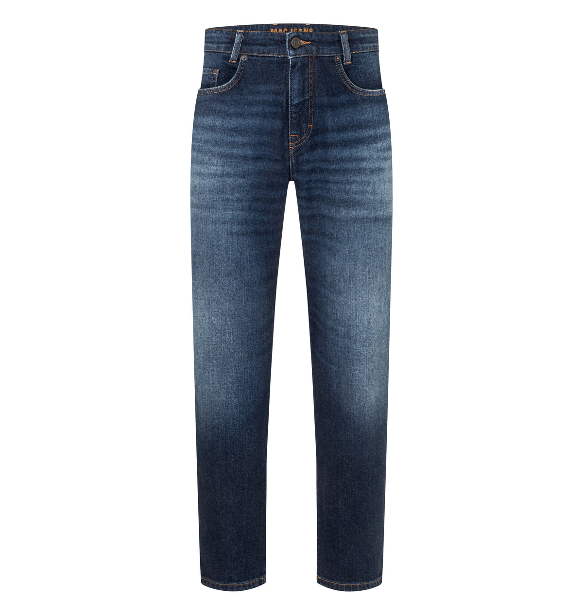 Tapered fit made from New Vintage Denim. | Dan | dark blue 3D wash | Front view of bust