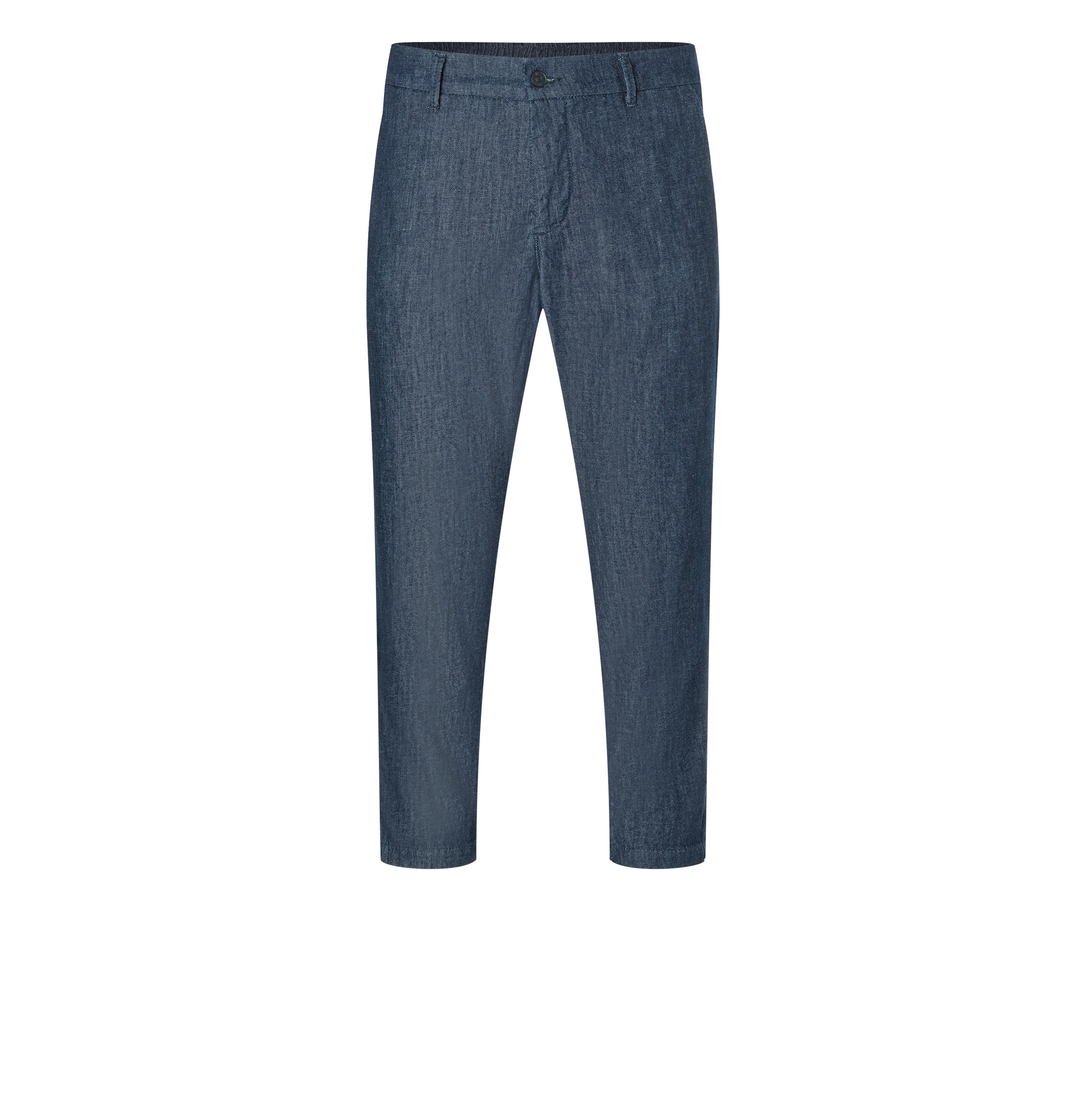 Chino with organic cotton and nettle fibres. | Dean | rinsed deep blue | Front view of bust