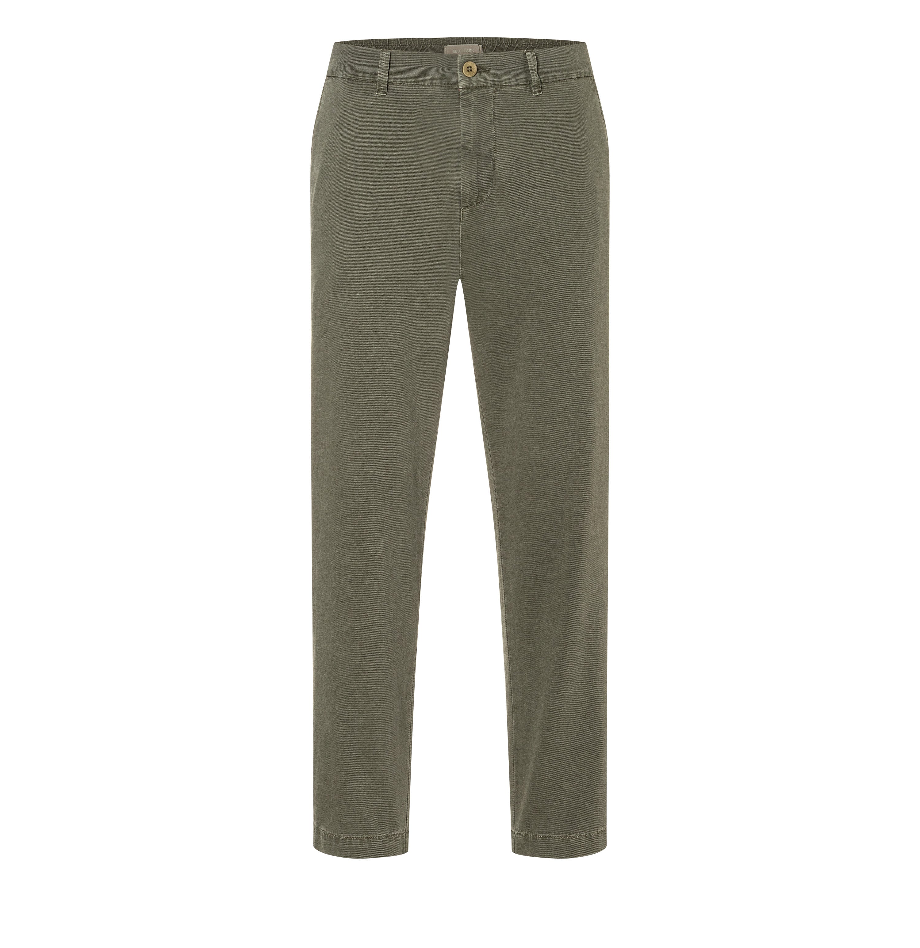 Tapered chino with hemp fibres. | Dean | leaf green PPT | Front view of bust