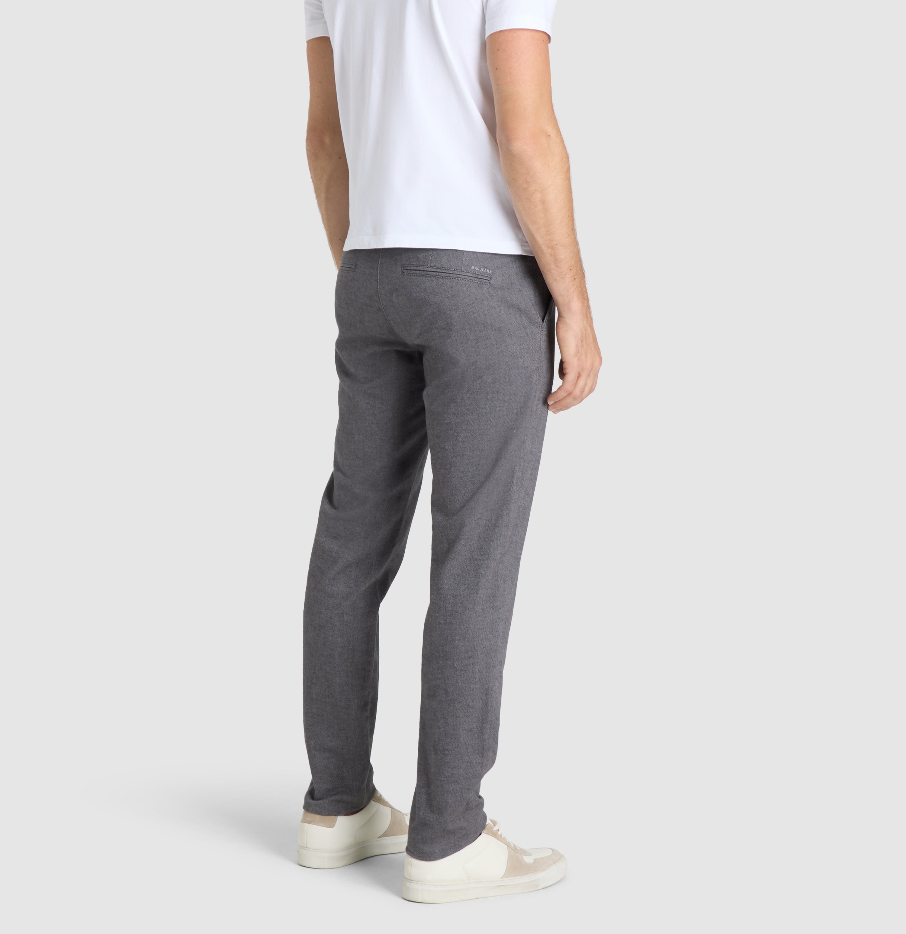 Slim chino in a brushed cotton material. | Lennox | flannel | Back view of model