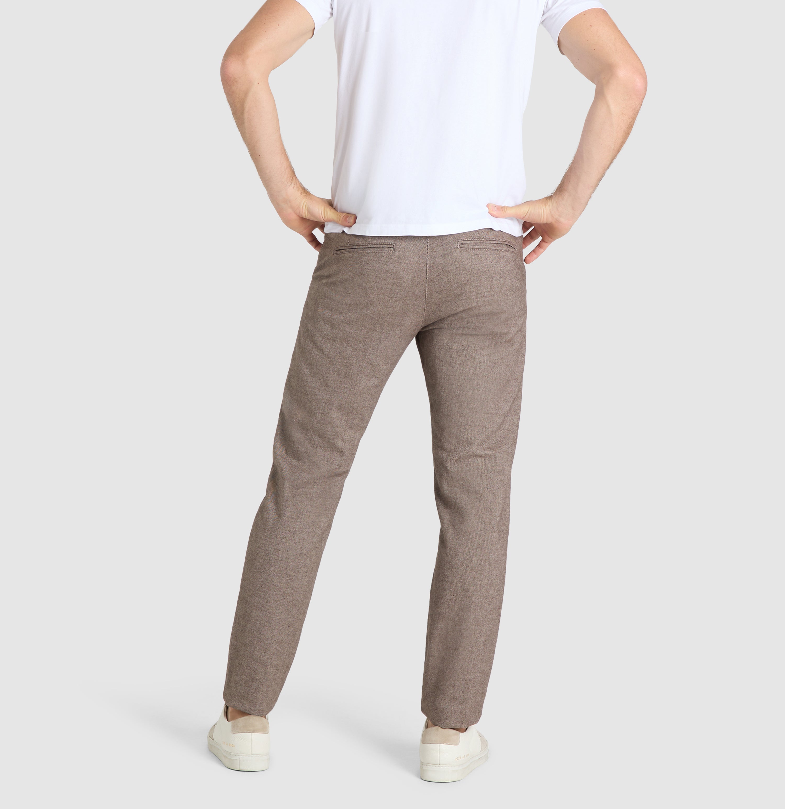 Slim chino in a brushed cotton material. | Lennox | ginger brown | Back view of model