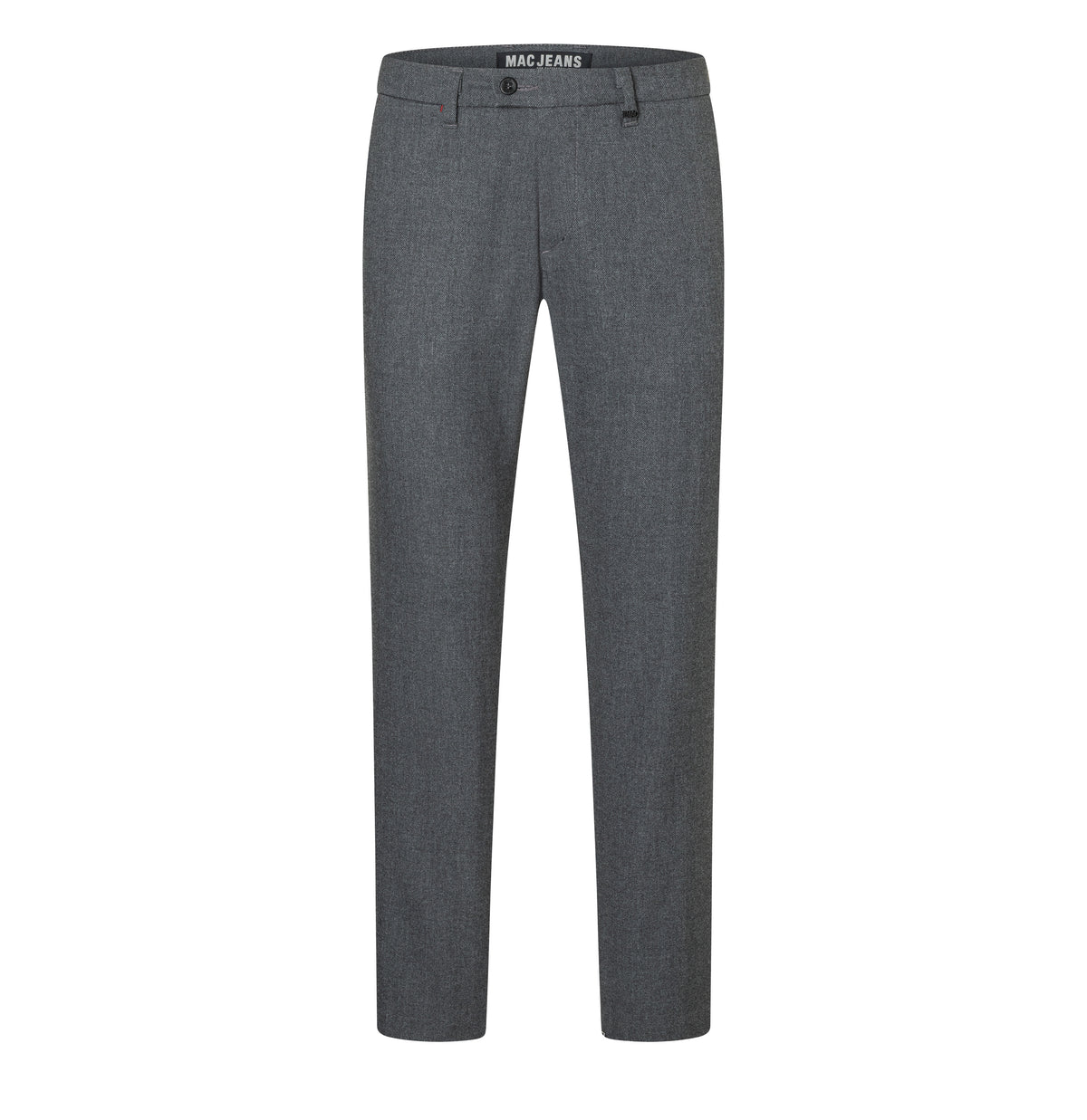 Regular chino with herringbone pattern. | Lennox | grey stone herringbone | Front view of bust