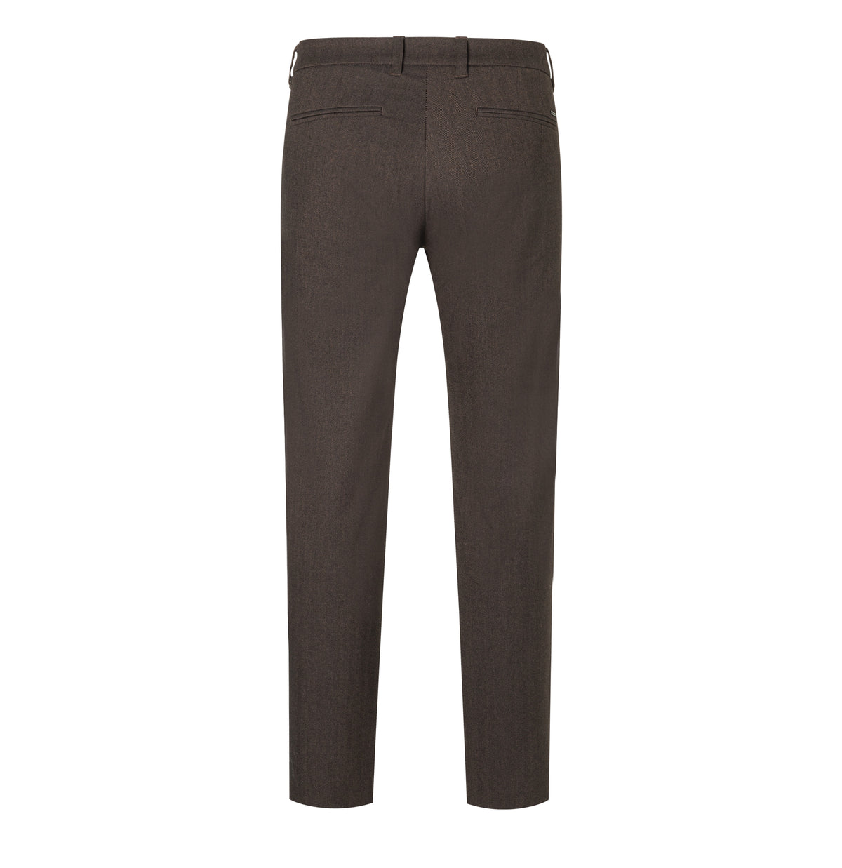 Regular chino with herringbone pattern. | Lennox | mahagony brown herringbone | Back view of bust