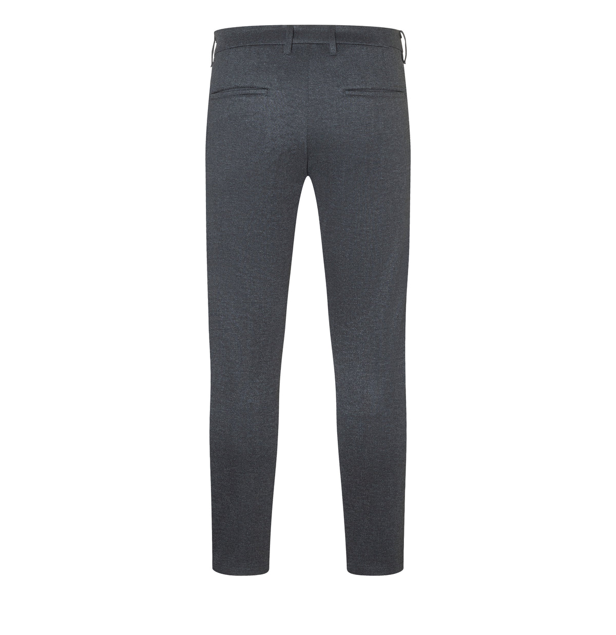 Finely patterned tapered chino made of jersey. | Griffin | grey stone printed | Back view of bust