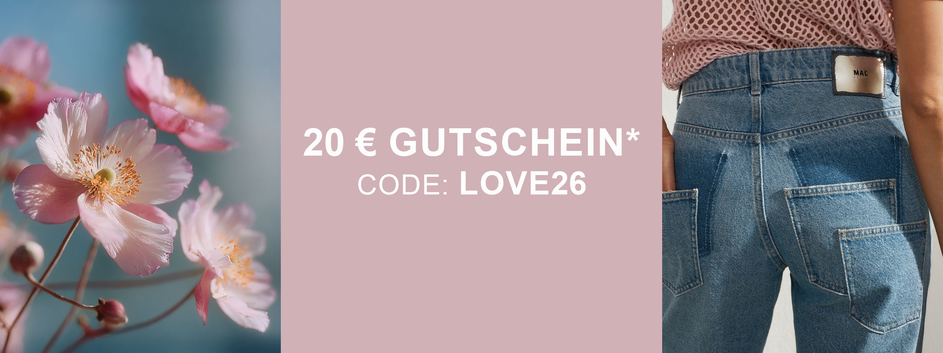 Collage featuring pink spring flowers and a close-up of blue denim jeans with a MAC label, combined with promotional text offering a 20 euro voucher code for the new season.